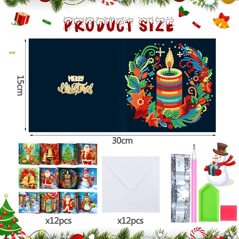 Anyingkai 12PCS Diamante 5D DIY Tarjeta de Navidad,Tarjetas de Navidad Pintura, Kit de tarjeta de felicitación de pintura de diamante,Tarjetas de Navidad de diamante (L-1)