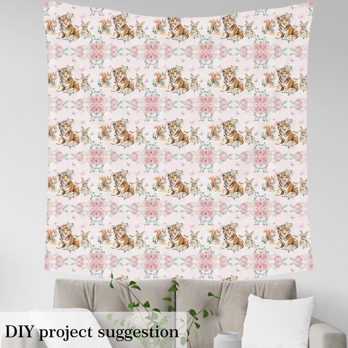 Erosebridal Tiger Rabbit Upholstery Fabric for Chairs Sofa,Cartoon Zoo Animal Fabric by The Yard,Flying Butterflies Waterproof Indoor Outdoor Decor,Orange Pink Khaki,5 Yards