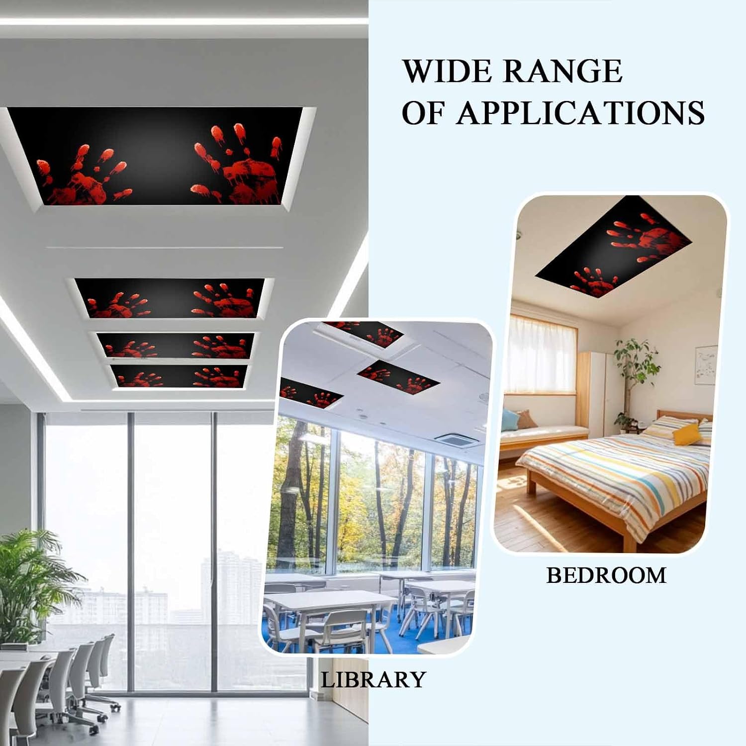 Halloween Fluorescent Light Covers for Ceiling Lights Red Blood Hands Magnetic Light Filters 4 Pack 4x2 ft Black Bloody Hand Ceiling Lights Cover for Classroom Office School Home Drop Lamp Decor