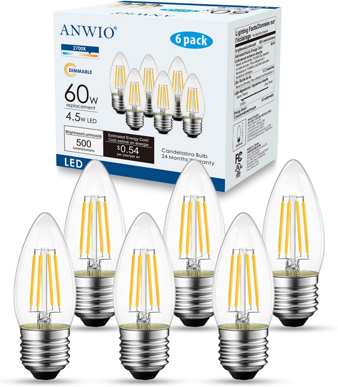 ANWIO Clear B11 Candle Light Bulb Indoor LED Filament Chandelier Candelabra Bulb Dimmable Warm White LED Bulbs 2700K 4.5W(60W Equivalent) E26 Medium Base Decorative Lightbulbs 6 Pack