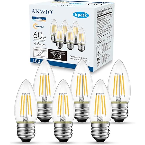 ANWIO Clear B11 Candle Light Bulb Indoor LED Filament Chandelier Candelabra Bulb Dimmable Warm White LED Bulbs 2700K 4.5W(60W Equivalent) E26 Medium Base Decorative Lightbulbs 6 Pack