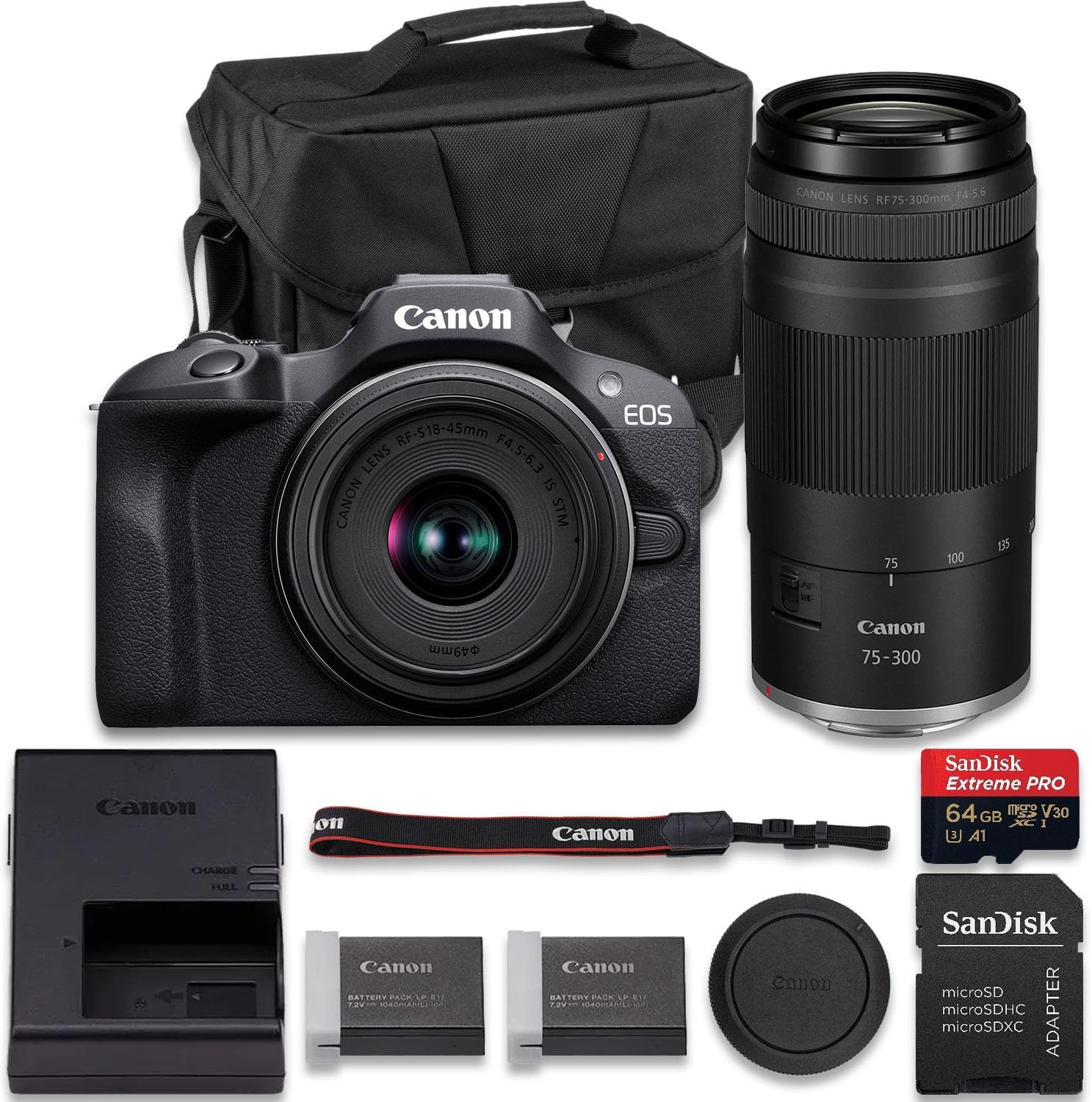 Canon EOS R100 Mirrorless Camera with RF-S 18-45mm f/4.5-6.3 is STM + RF 75-300mm f/4-5.6 Lens + Extra LP-E17 Battery + SanDisk Extreme Pro 64GB + More(16pc Bundle)