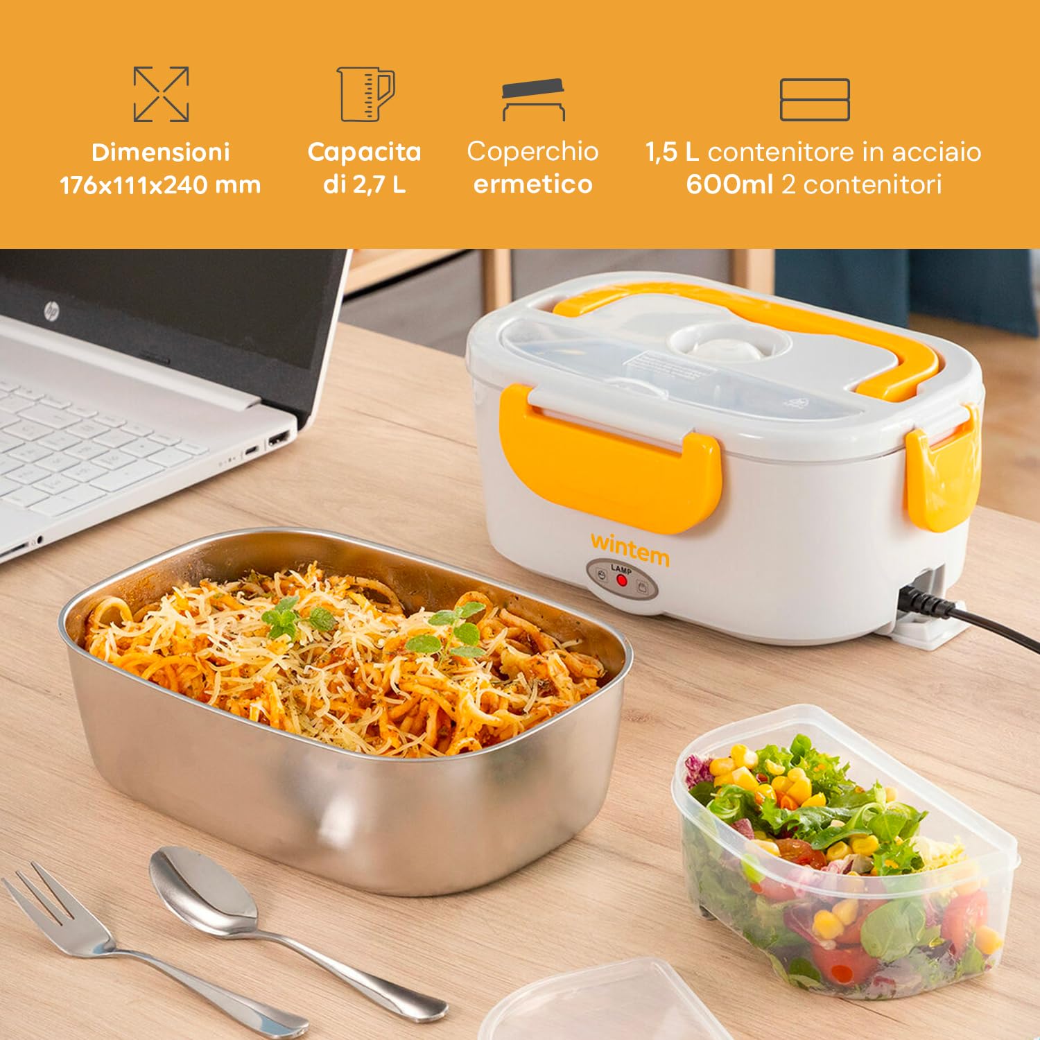 Wintem - Porta Pranzo Termico Elettrico 1,5L con Contenitori in Acciaio Inox, Riscaldamento 30 Min, Comparti Separati, Ideale per Ufficio, Viaggi e Pausa Pranzo Fuori Casa