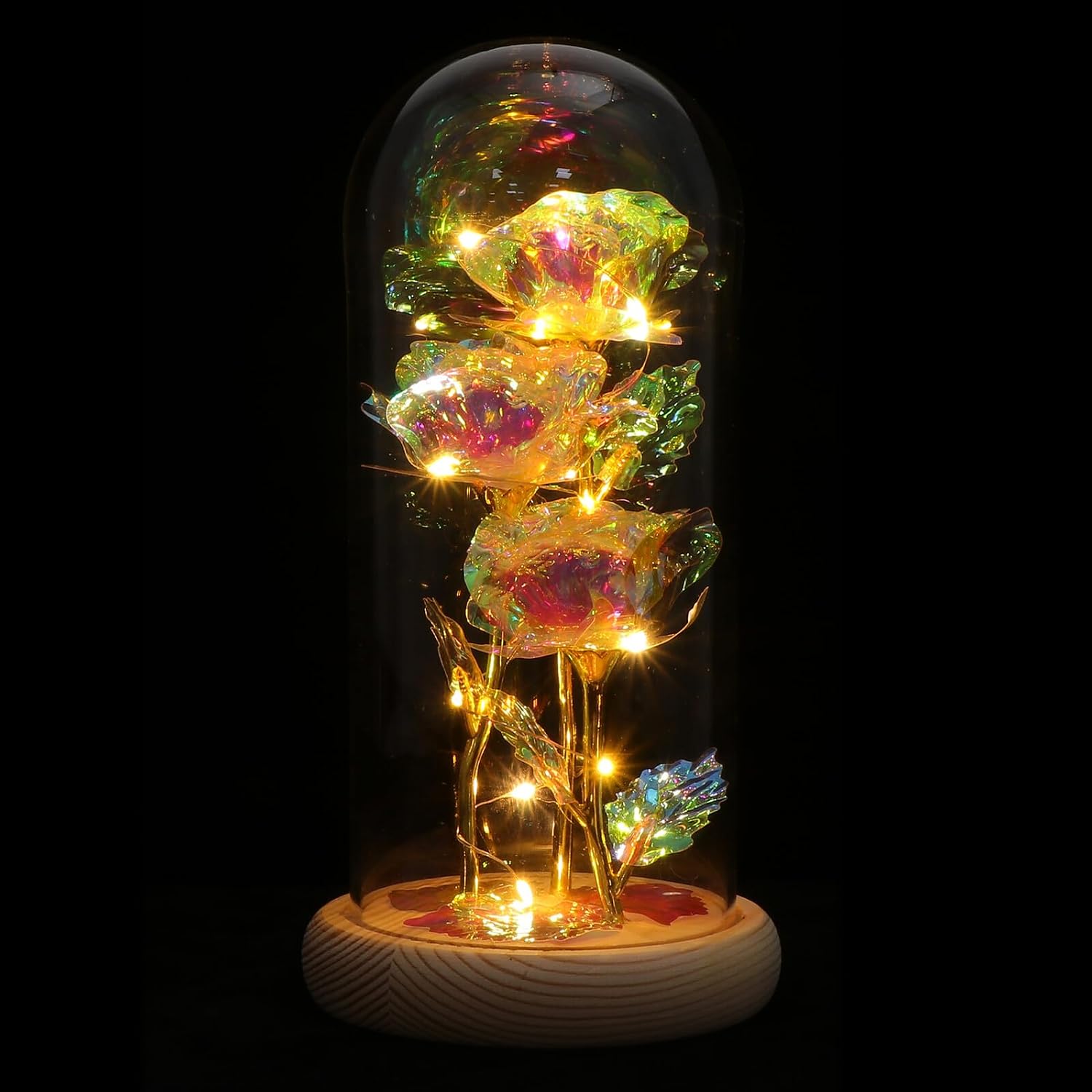 Gold Foil Rose Glass Dome Lamp with LED Light, Chic Luminous Flower Glass Ornament for Indoor Desktop Decor, Warm White Glow, Decorative Figurine Lighting for Home Ambiance