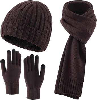 3 PCS Fleece Lined Cold Weather Set, Warm Winter Beanie Hat, Long Scarf and Touchscreen Gloves for Men & Women