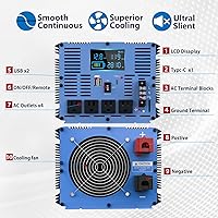 Vista 2 de Inversor de corriente de onda sinusoidal pura 3000 W, 12 V CC a 110 120 V CA con 4 salidas de CA, puertos USB duales, puerto tipo C, bloques