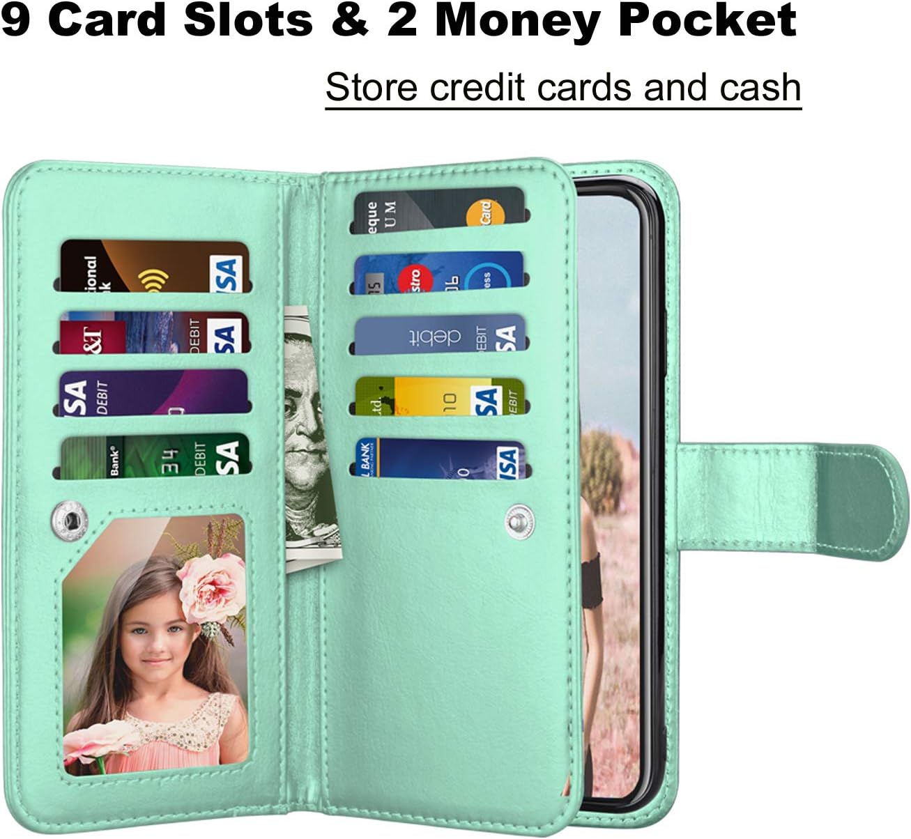 Takfox for iPhone XR Case/iPhone XR Wallet Case PU Leather Mutiple ID Credit Card Slots Holder Folio Flip Cover Kickstand Detachable Magnetic Phone Case & Lanyard for iPhone XR 6.1"-Turquoise