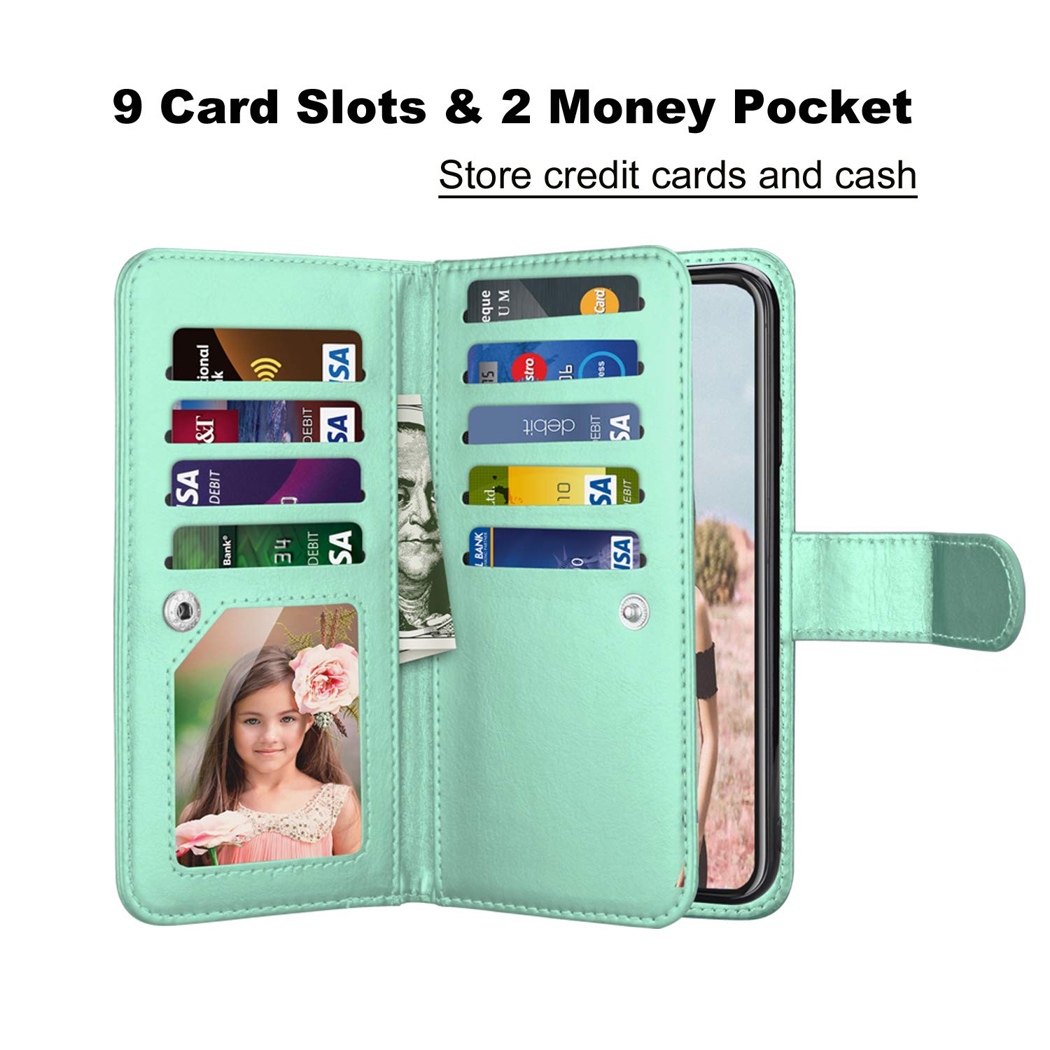 Takfox Wallet Case for iPhone XR, for iPhone XR 6.1 Leather Wallet Case with ID Credit Card Holder Slots Folio Flip Kickstand Detachable Magnetic Phone Case & Carrying Strap for iPhone XR, Turquoise