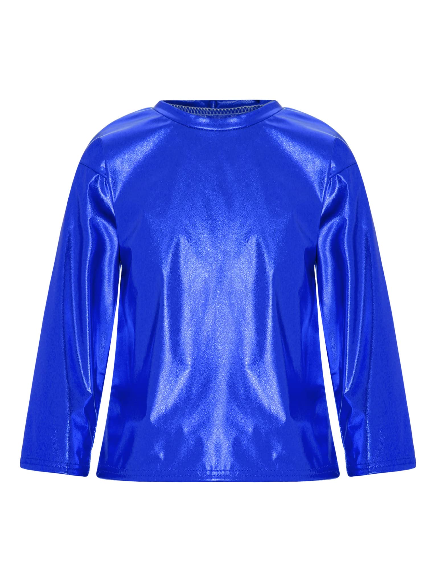 Mufeng Kids Boys Girls Shiny Metallic Hip Hop Dance T-Shirt Long Sleeve Round Neck Sports Shirts Tee Dancewear Sportwear Royal Blue 5-6 Years