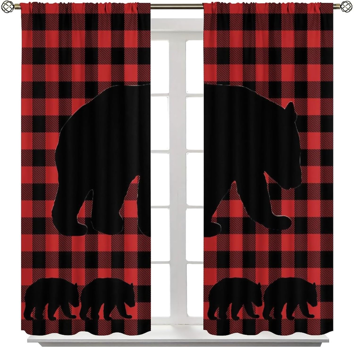 Plaid Bear Blackout Curtains Rustic Red Black Buffalo Plaid Bear Silhouettes Vintage Farmhouse Wildlife Art Print for Bedroom Living Room Bathroom Decor Rod Pocket Window Drape 42x45in