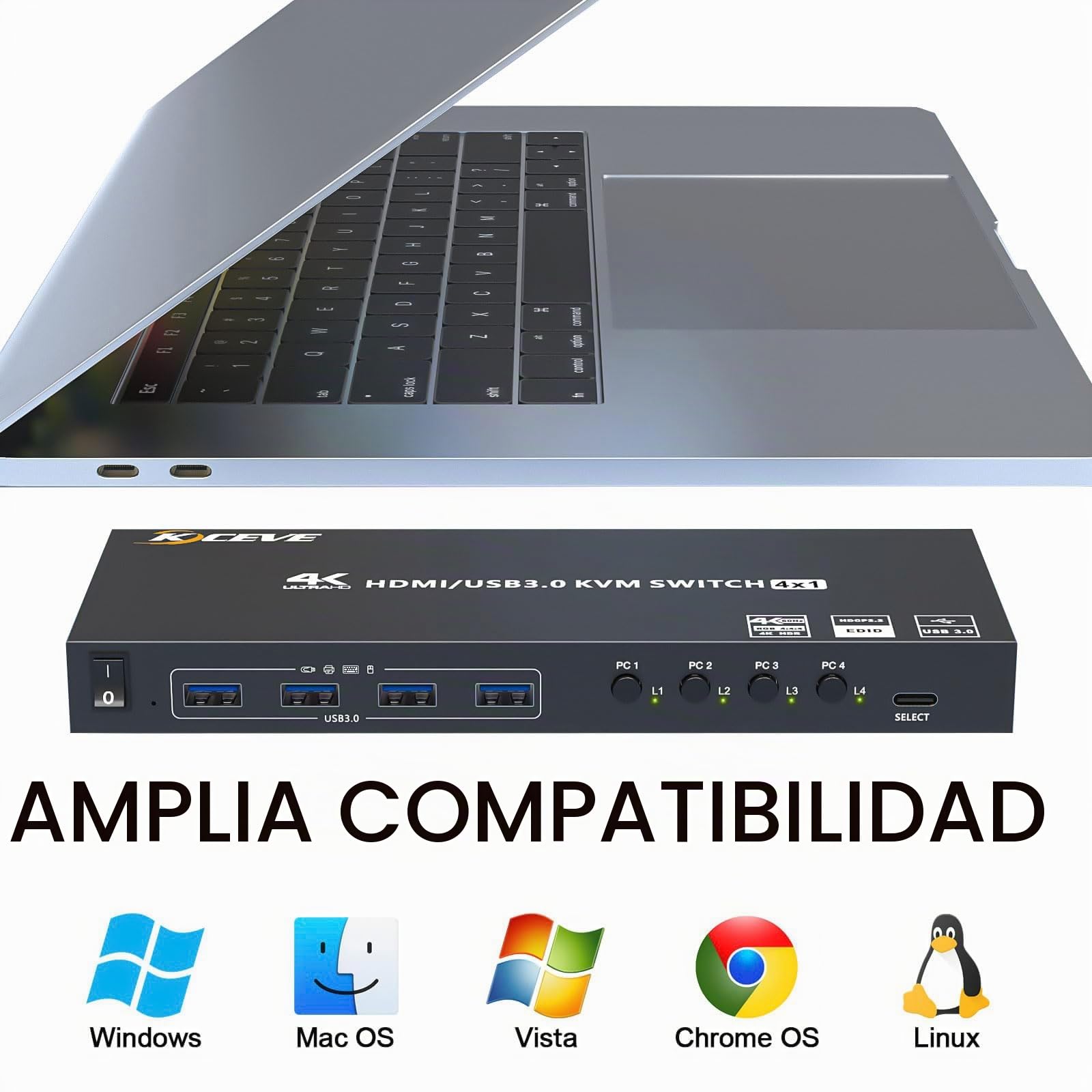 USB 3.0 Switch KVM HDMI 4 PC 1 Monitor, 4K@60Hz EDID Simulado 4 Puertos, KVM Switches 4 PC 1 Monitor Compartir 4 USB 3.0 Dispositivos Inalámbricos Ratón Teclado Impresora, con 5 Cables y Wired Remote