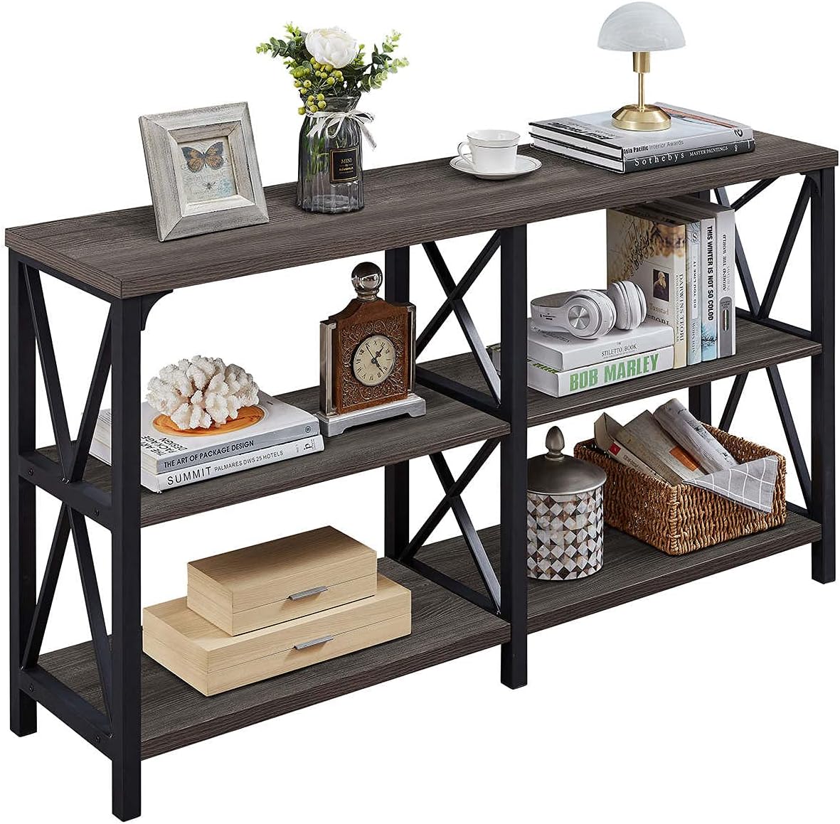 LVB Industrial Console Table, Rustic Wood and Metal Sofa Table, Hallway Entry Table for Home Living Room, Foyer Accent Entryway Table with Storage Shelf, Dark Grey Oak 55 Inch : Everything Else