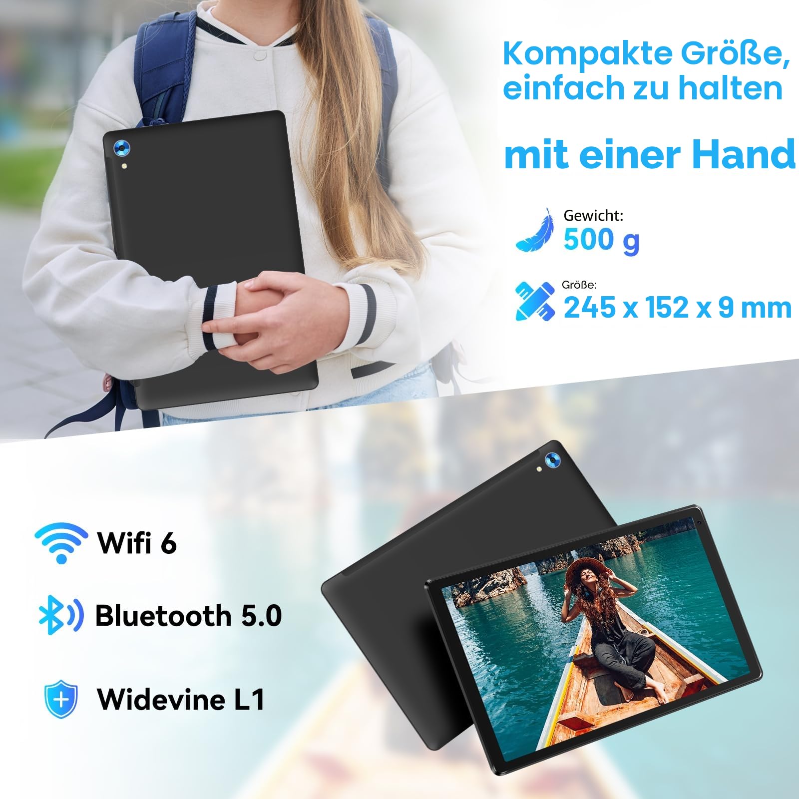 Whitedeer Tablet, Tablet 10 Zoll, Android Tablet mit 30GB RAM 128GB ROM, Octa-Core, HD IPS Touchscreen, 5000mAh Akku, WiFi 6, Bluetooth 5.0, Dual Kamera, Face ID, Google-Zertifiziert, Schwarz