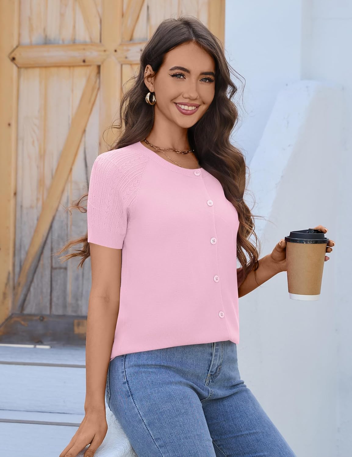 FreshNight Women's 2025 Short Sleeve Cardigan Button Up Hollowed Out Crewneck Shrug Sweaters Knit Sweater Tops Lightweight - Image 4