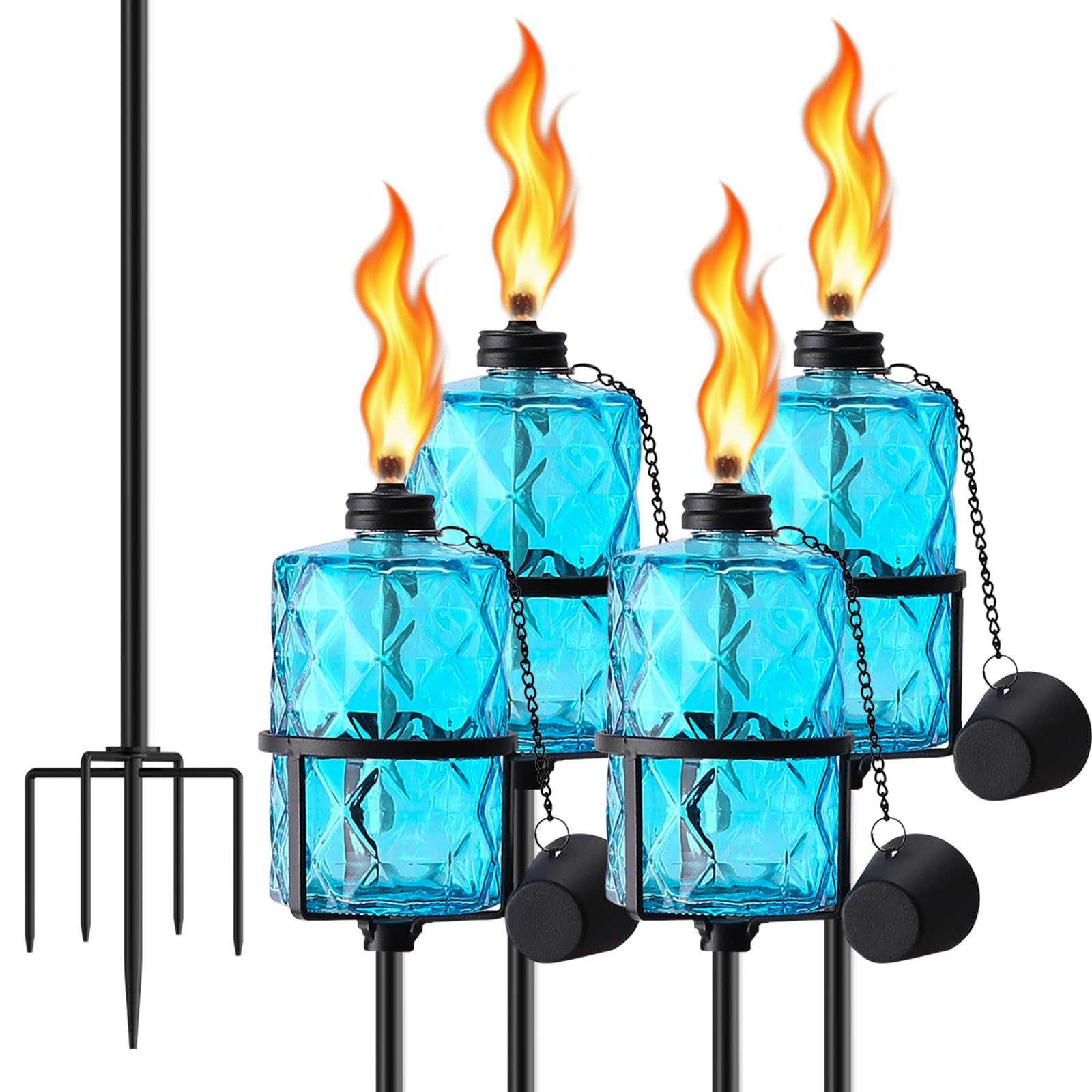 SNOGSWOG Glass Citronella Torches Set of 4, 12 Oz Outdoor Garden Torch with 5-Prong Grounded Stake, 59 Inch Glass Torch for Home Décor, Outside Torches for Backyard, Garden, Patio, Blue