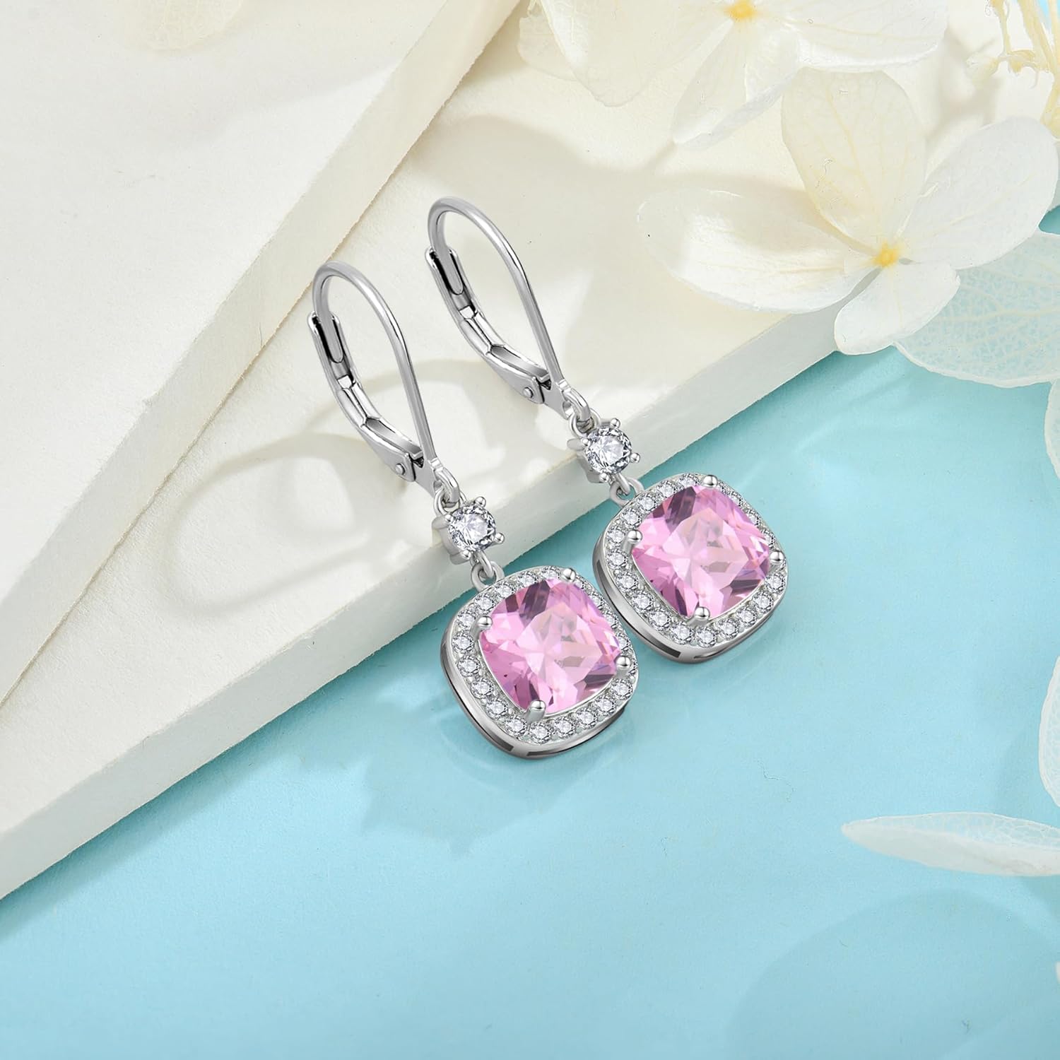 Women Leverback Earrings 925 Sterling Silver Princess Cut Halo Earrings Birthstone Dangle Drop Earrings for Women Her Mom Wife - Image 5