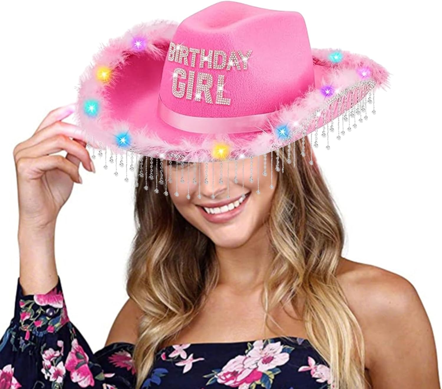 Cowboy hat,Birthday Tassels Rhinestones with Colorful LED Lights Adjustable Top Caps for Parties Birthday Gathering