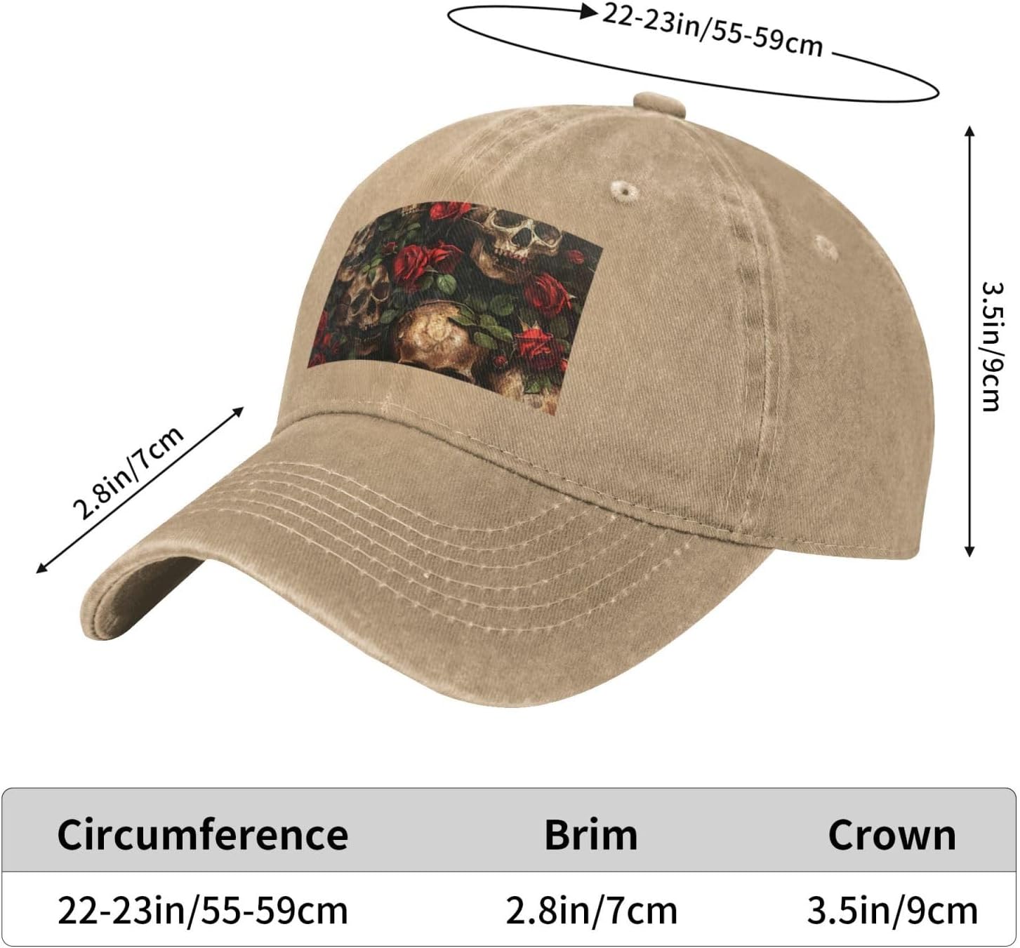 Skull and Red Rose Print Cowboy Hat Personalized Baseball Cap Fashion Hat Cap Funny Gifts for Women Men