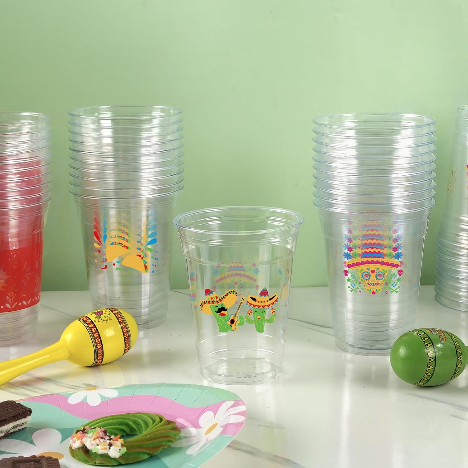 Fiesta Cups, Plastic Disposable Clear Mexican Cups Pattern Designs for