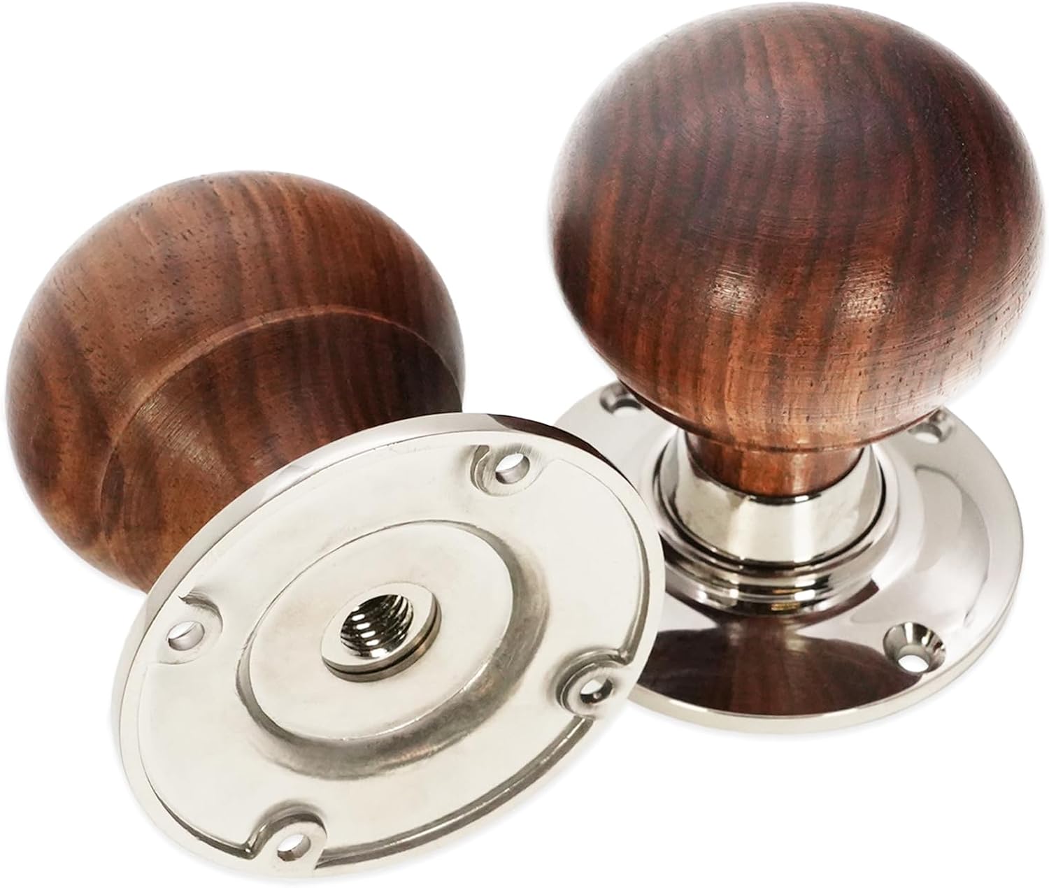 Infinity Decor Victorian Rosewood Bun Wooden Mortice Rim Door Knobs Pull Handles on Polished Nickel Rose 60mm – Ideal for Interior & Exterior