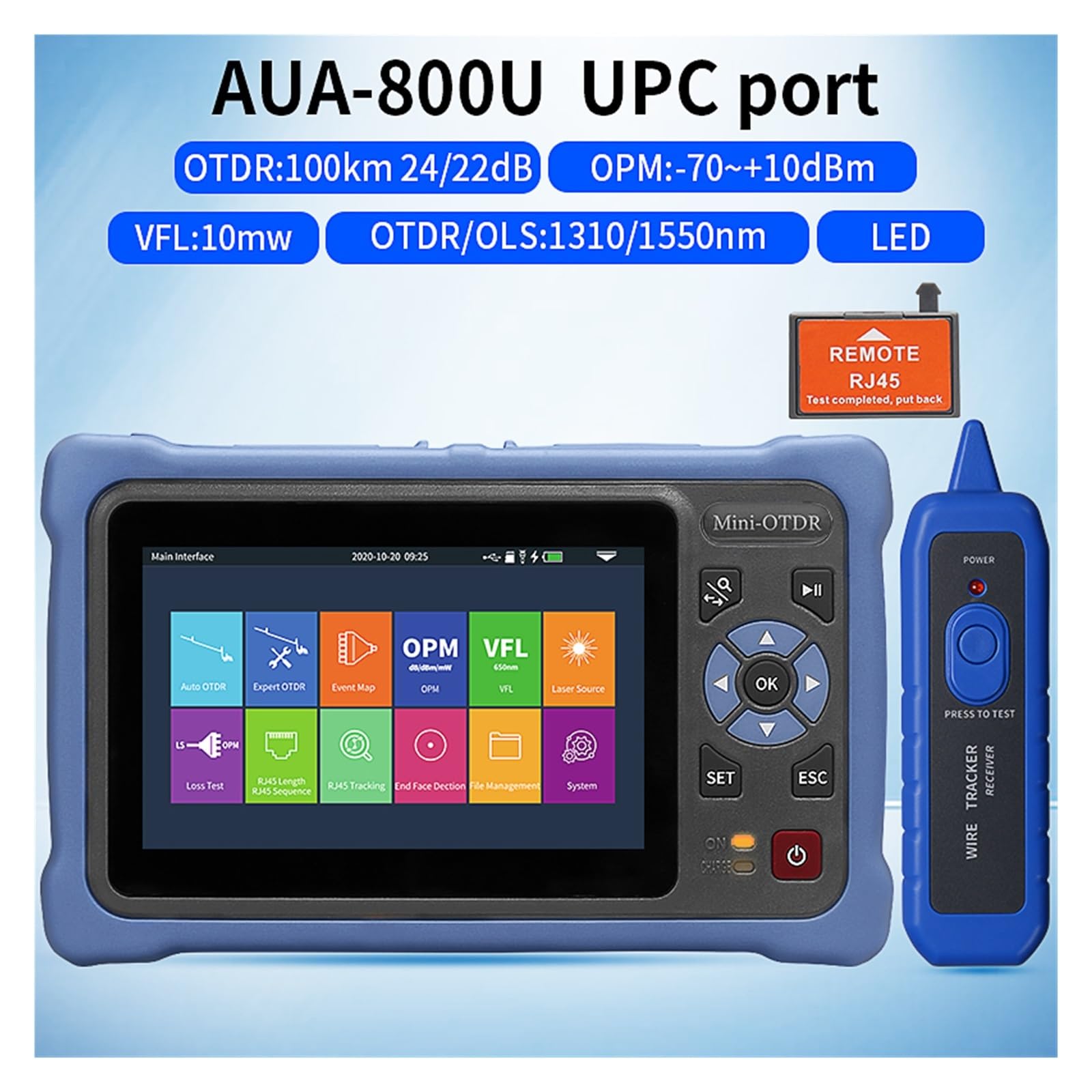 Compteur de puissance optique, MINI OTDR 1310/1550nm 26/24dB fibre optique réflectomètre, écran tactile VFL OLS OPM carte des événements testeur de câble Ethernet(AUA800U 1310 1550nm)