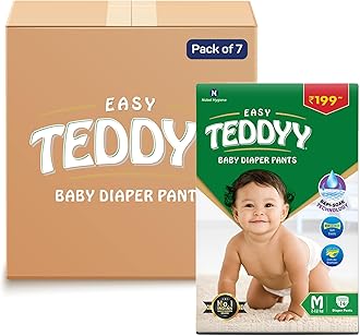 TEDDYY Baby Diapers Pants Easy Medium 98 Count (Pack of 7), 7-12 kgs, 12 hrs Leak Protection, Anti - Bacterial