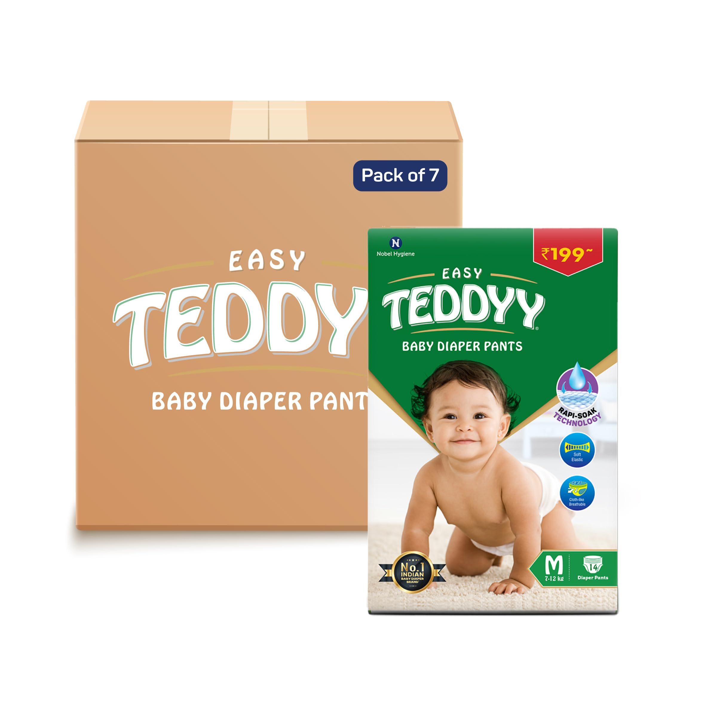 TEDDYY Baby Diapers Pants Easy Medium 98 Count (Pack of 7), 7-12 kgs, 12 hrs Leak Protection, Anti - Bacterial