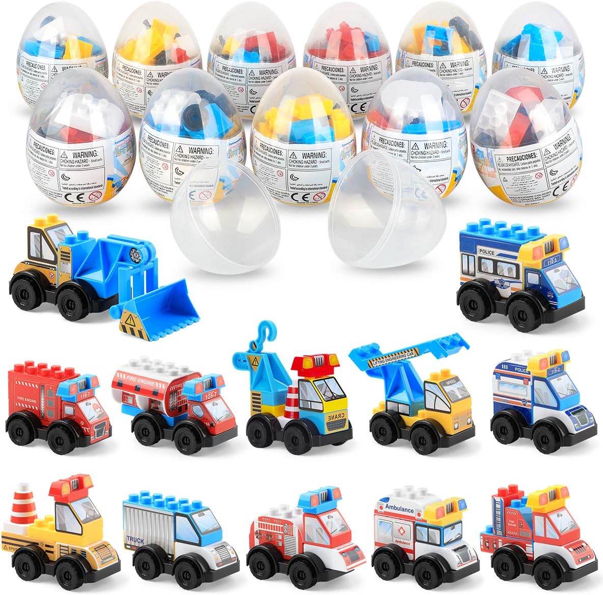 SmilePowo 12 Pack Different Pull Back Vehicles Cars for Kids,Construction Toys Sets,Engineering Car Building Educational Toys for Boys, Cement Mixer Truck,Bulldoze Excavator Dump Truck Model Kit