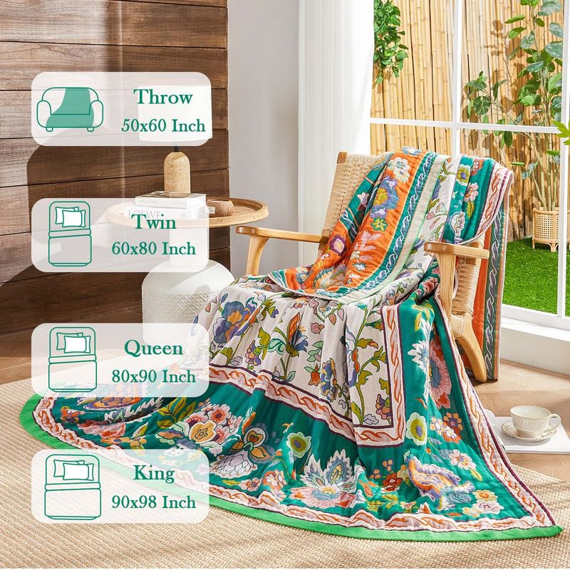 Image of Boho Throw Blanket Cotton Muslin Woven Flower Decorative Blankets 50 inchx60 inch
