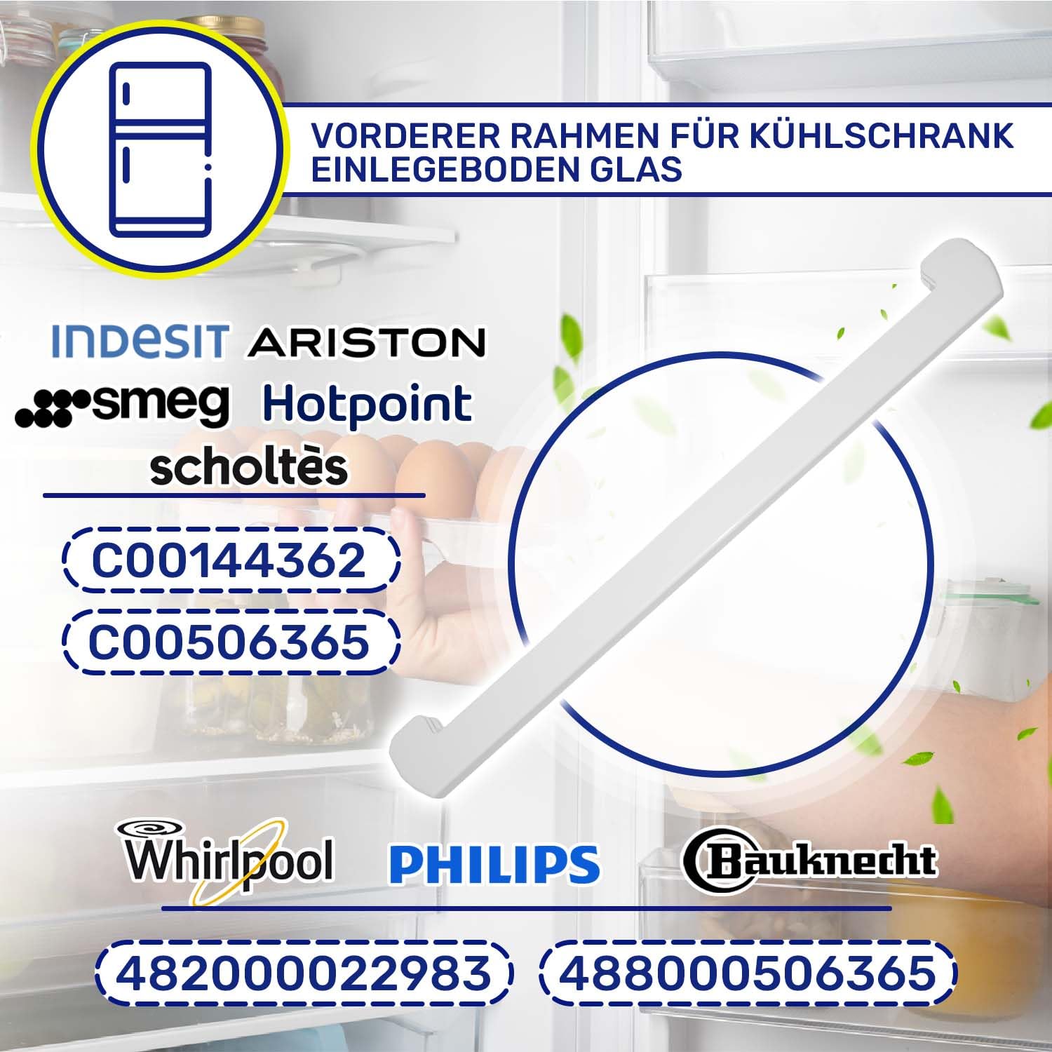 Vorderer Rahmen für Kühlschrank Einlegeboden Glas mit Länge 475 mm mit Originalcode C00144362 C00506365 für Indesit für Ariston 482000022983 488000506365 für Whirlpool - MADE IN EU - MONTERAL