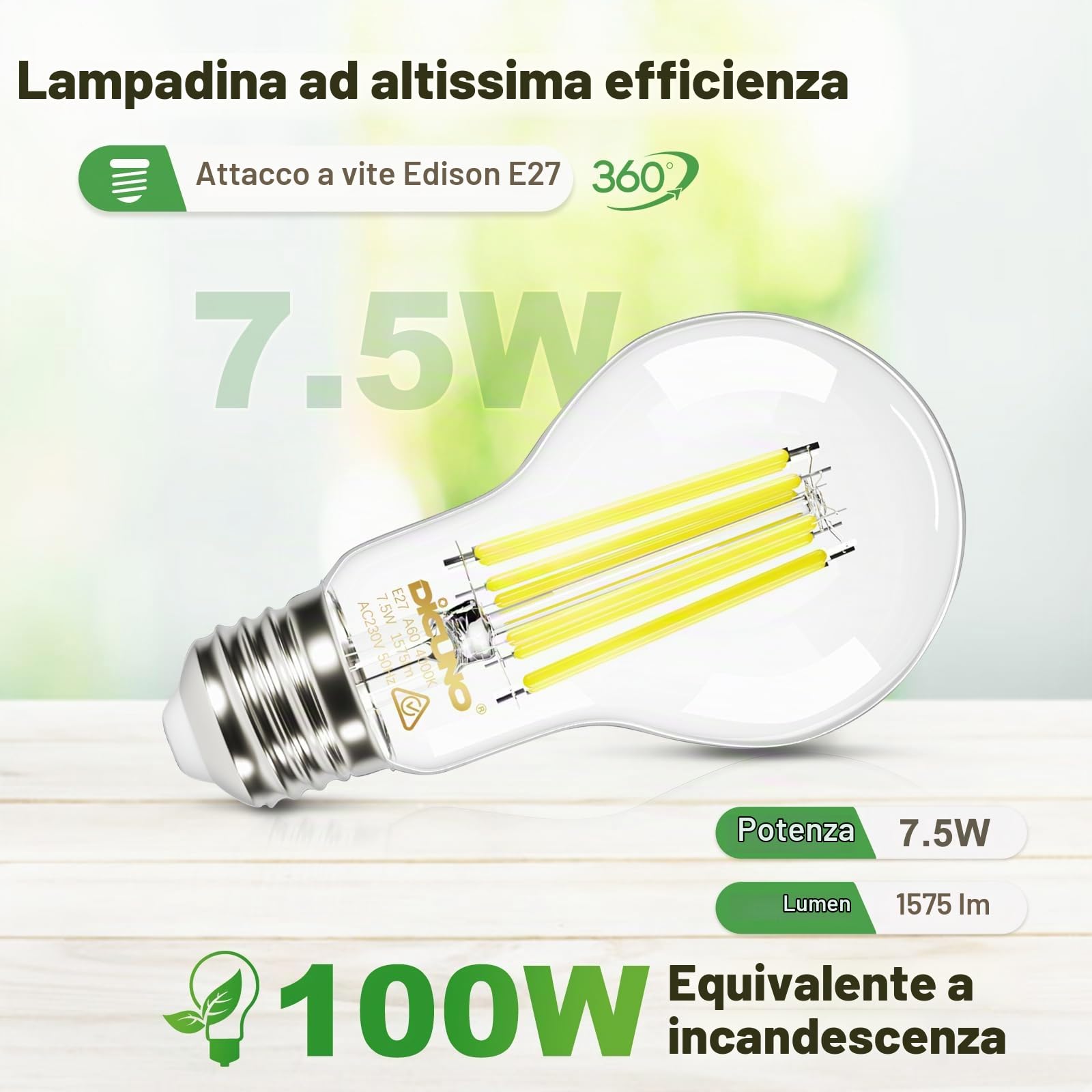 DiCUNO Lampadina LED E27 UltraEfficient Classe A, 7,5W=100W, 4000K, 6 Pezzi