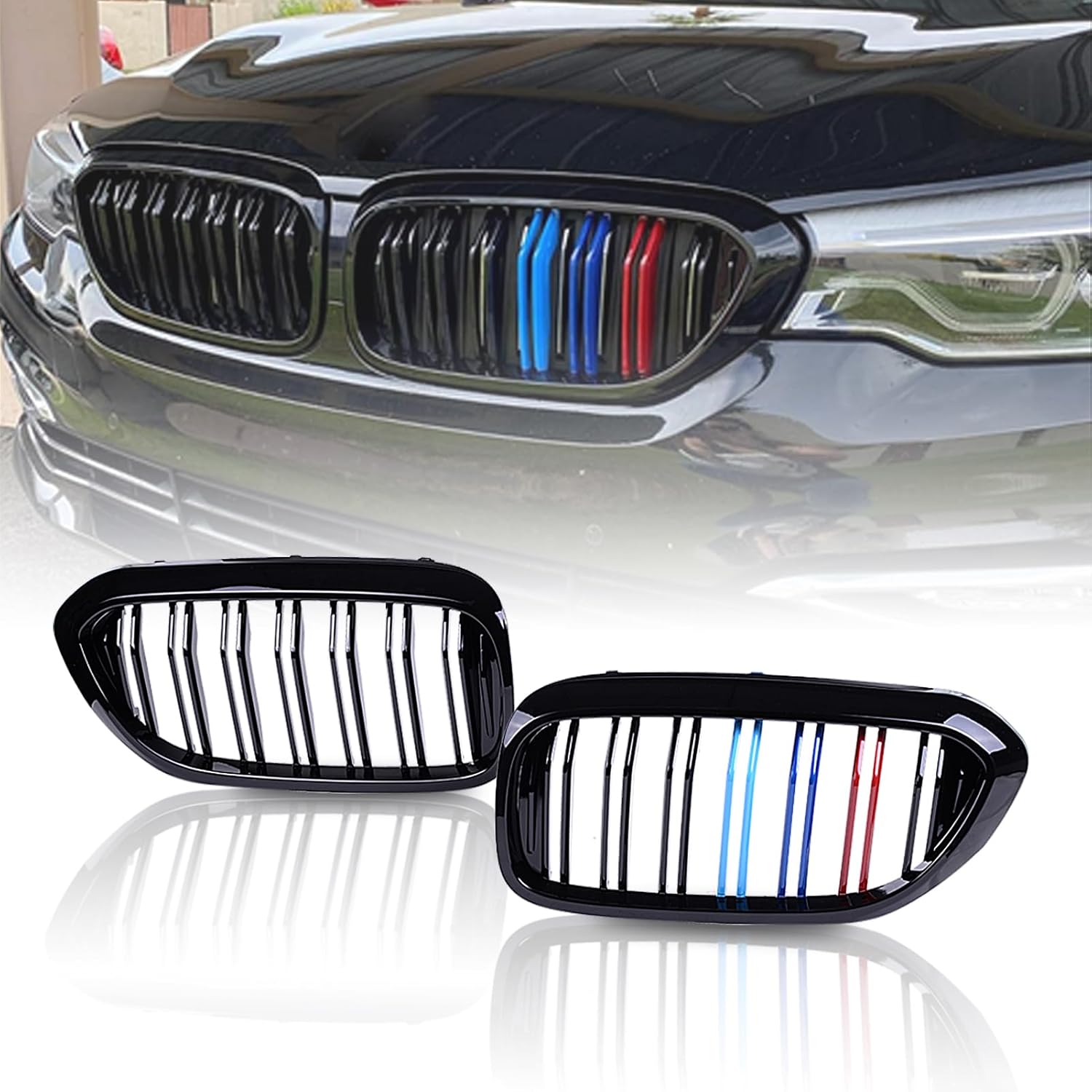 runmade Front Kidney Bumper Grille Grill Compatible with BMW 5 Series 520i 523i 528i 530i 535i 550i (MutiColor Gloss Black, Double Line, 2017-2020 G30)