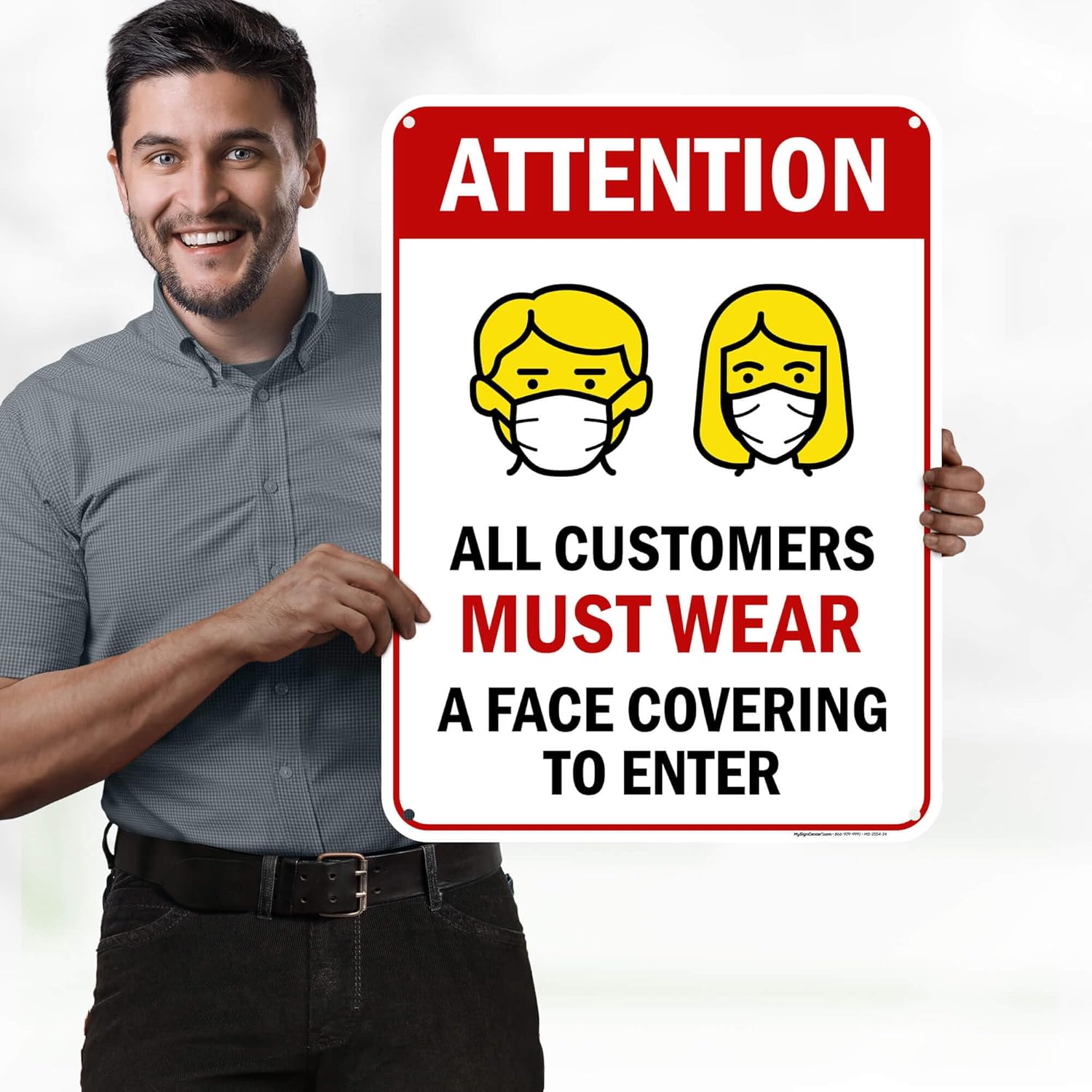 Attention All Customers Must Wear A Face Covering To Enter Sign, 18"x24" Polyethylene, Indoor/Outdoor Use, USA MADE By My Sign Center