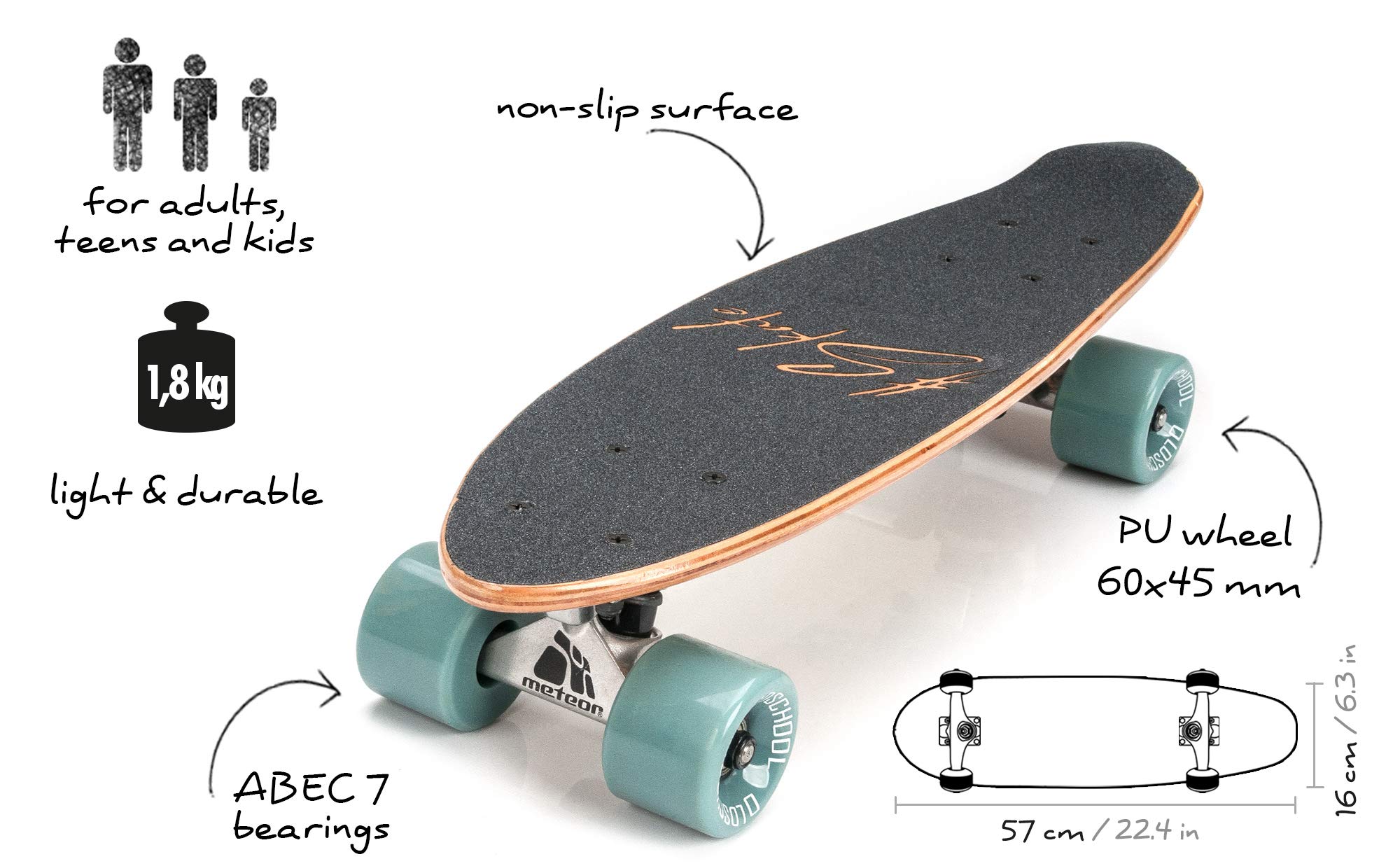 meteor Fancy Board Vintage Mini Cruiser Complete Bois véritable Érable Canadien Skateboard Ridge Mini Skate Planche a roulettes rétro 55 cm / 22 "