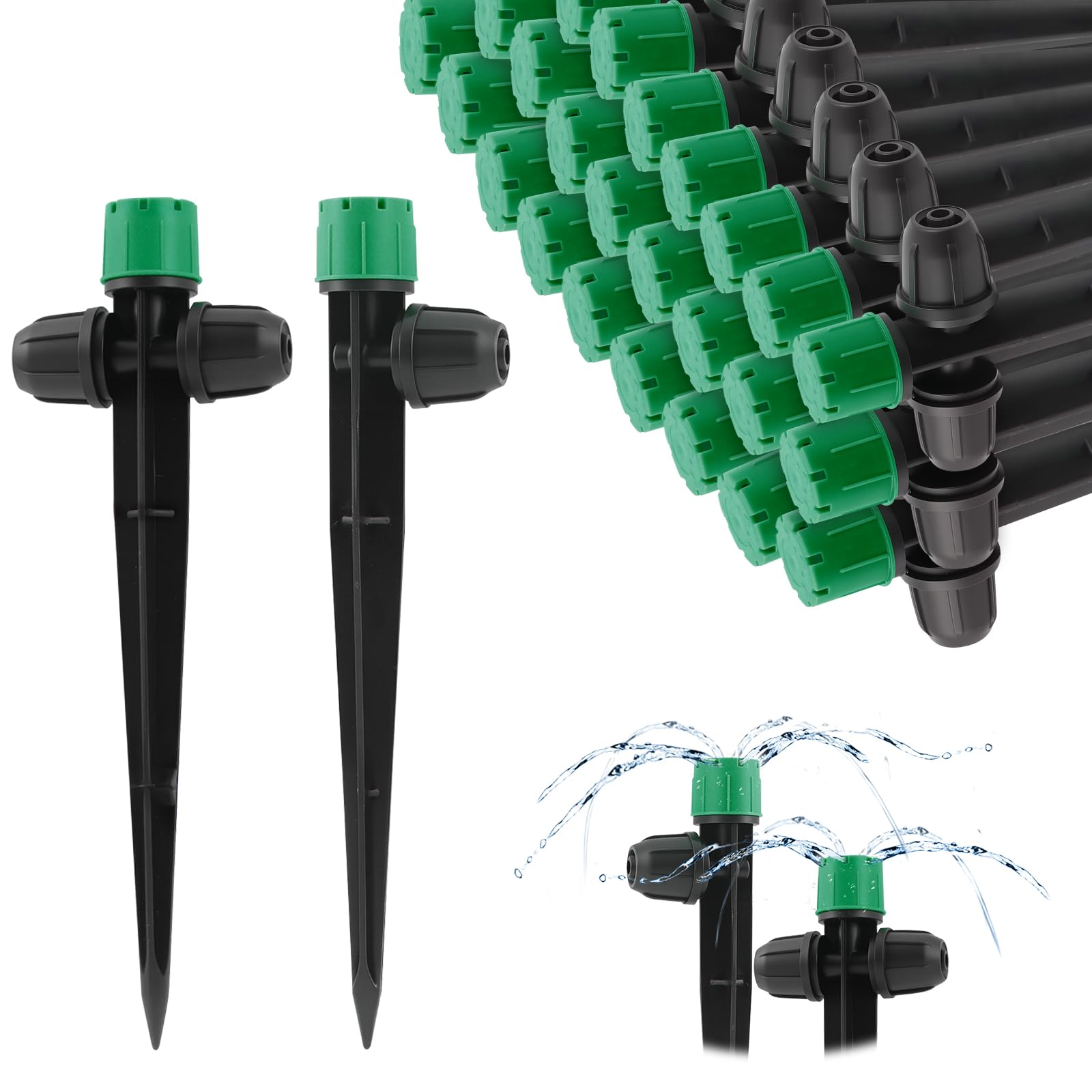 TOROKOM 35 gotas de riego, 2 formas bloqueables de riego por goteo, piezas de manguera de 1/4 pulgadas, 360 grados, ajustable, 8 agujeros, flujo de agua, gotero, bloqueo, riego de jardín, verde