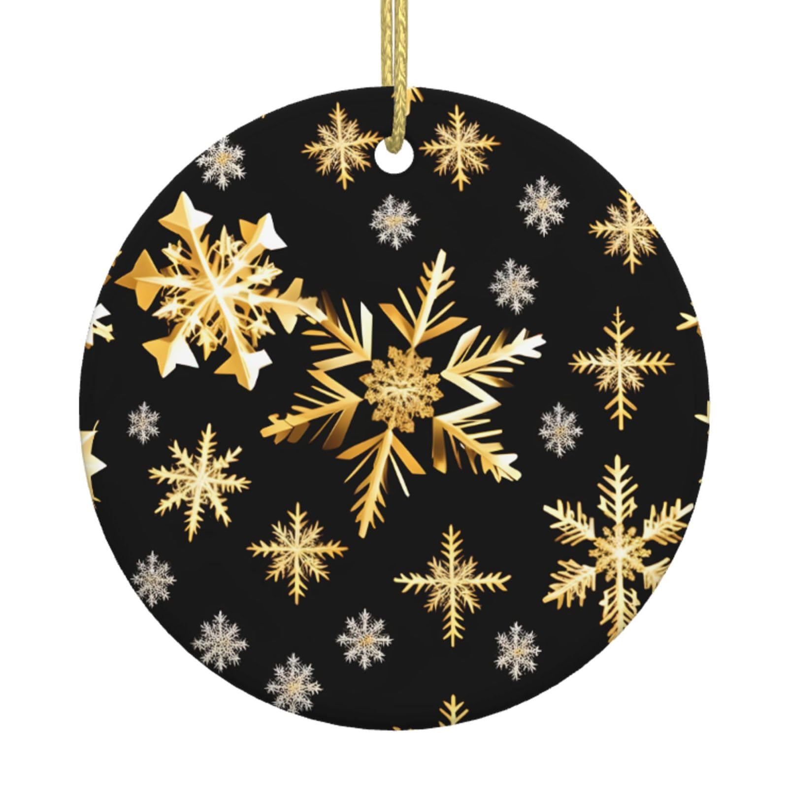 Golden Christmas Snowflakes Print Christmas Ornaments, Ceramic Hanging Ornament, Round Shape Decorations
