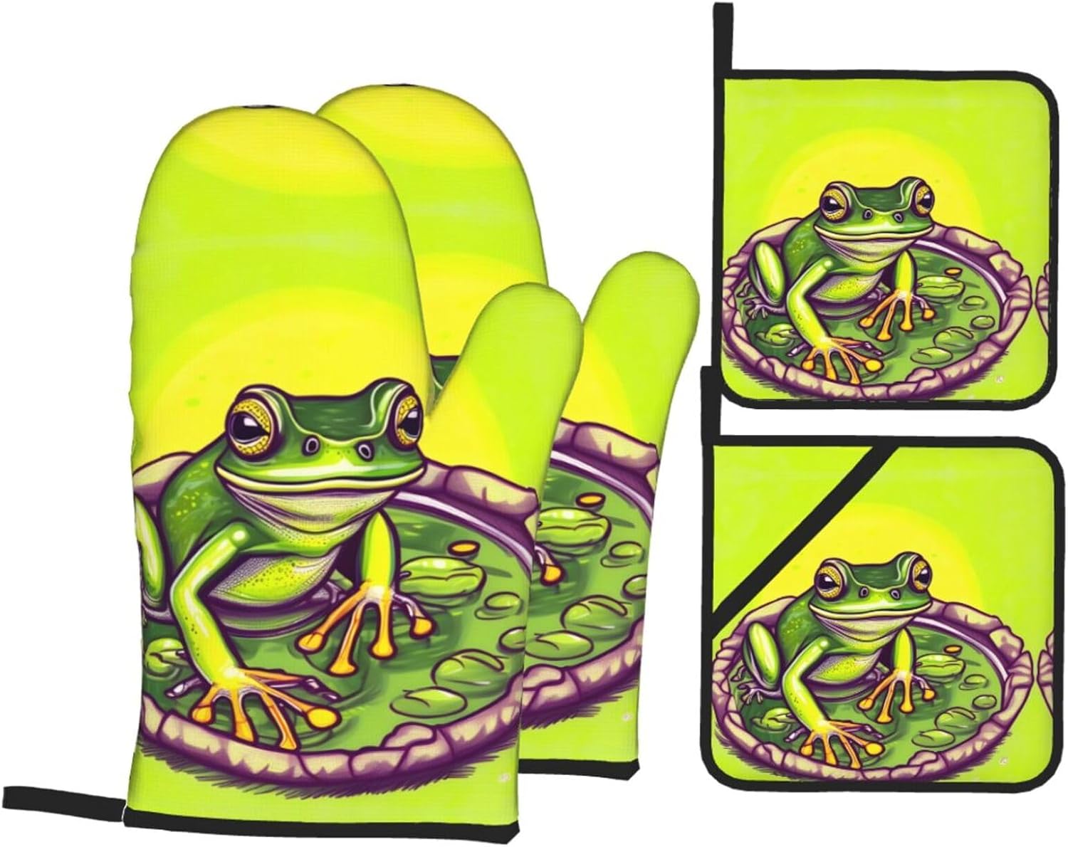 Frog in a pond Oven gloves and heat-resistant mat 4-piece set. Suitable for grilling, microwave oven frying, and baking