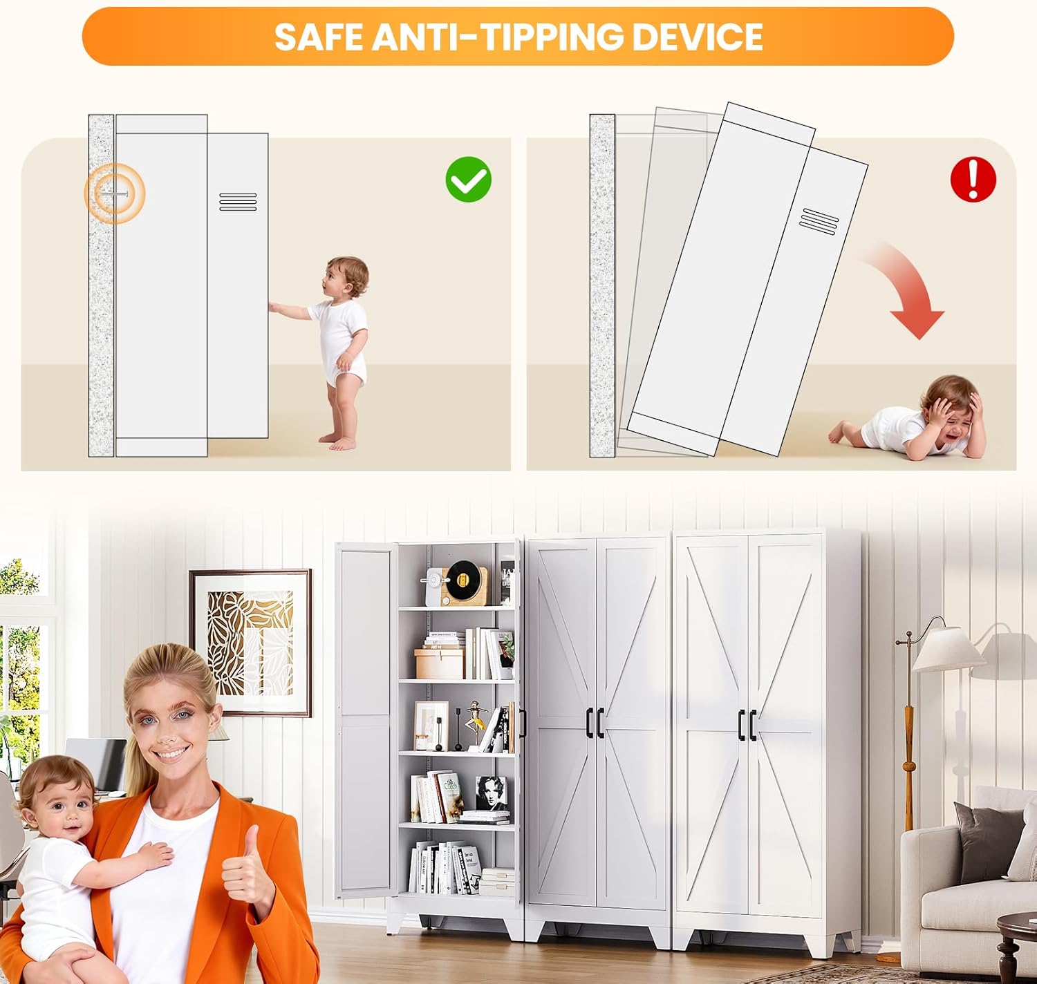 Metal White Storage Cabinet with 2 Doors and 4 Adjustable Shelves, 75" Tall Kitchen Pantry cabinets, Farmhouse Food Pantry Cabinet,5 Tier Freestanding Barn Door Cupboard for Kitchen Dining/Living Room