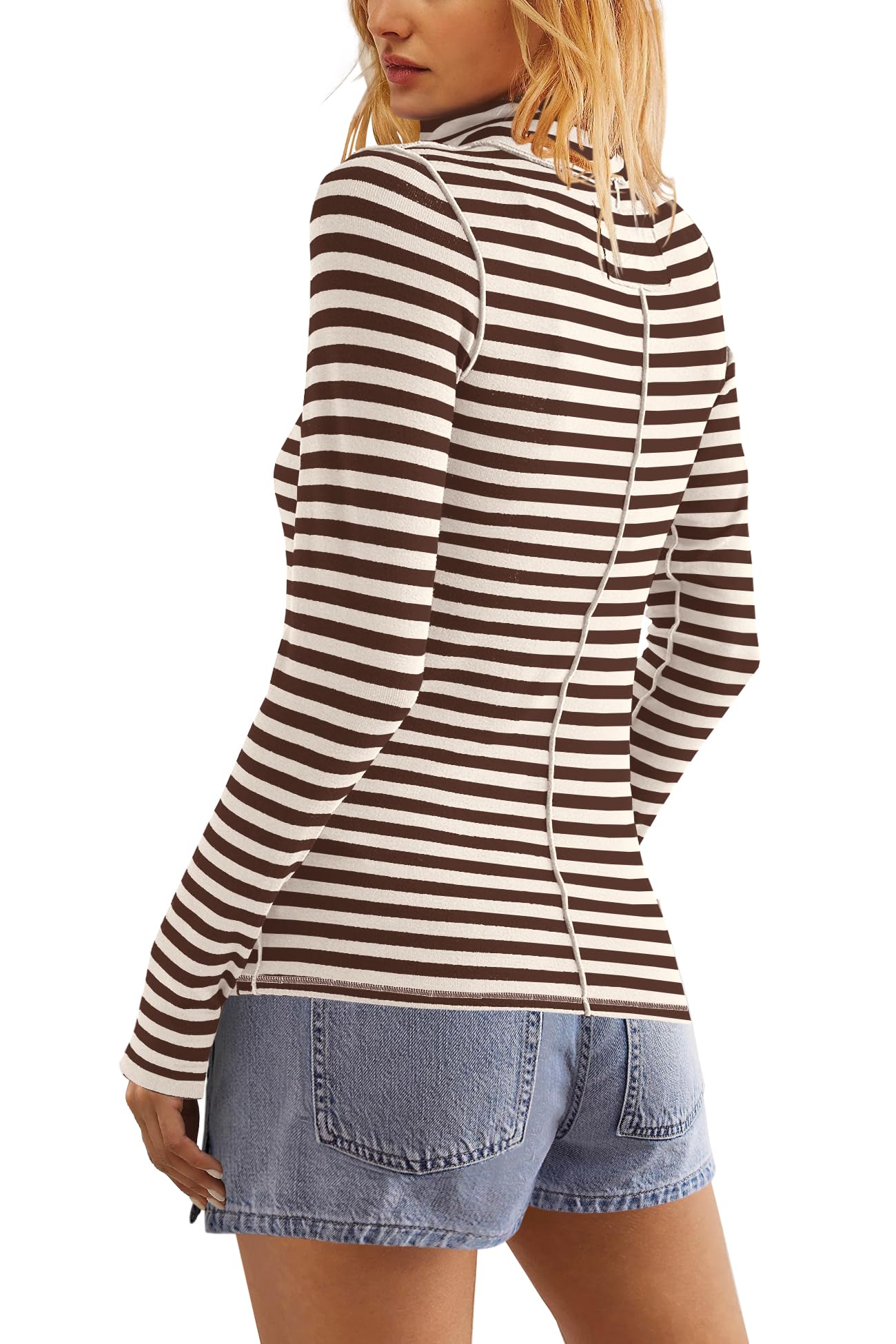 SENSERISE Camiseta de manga larga a rayas para mujer, cuello alto, acanalada, ajustada, ligera, para mujer
