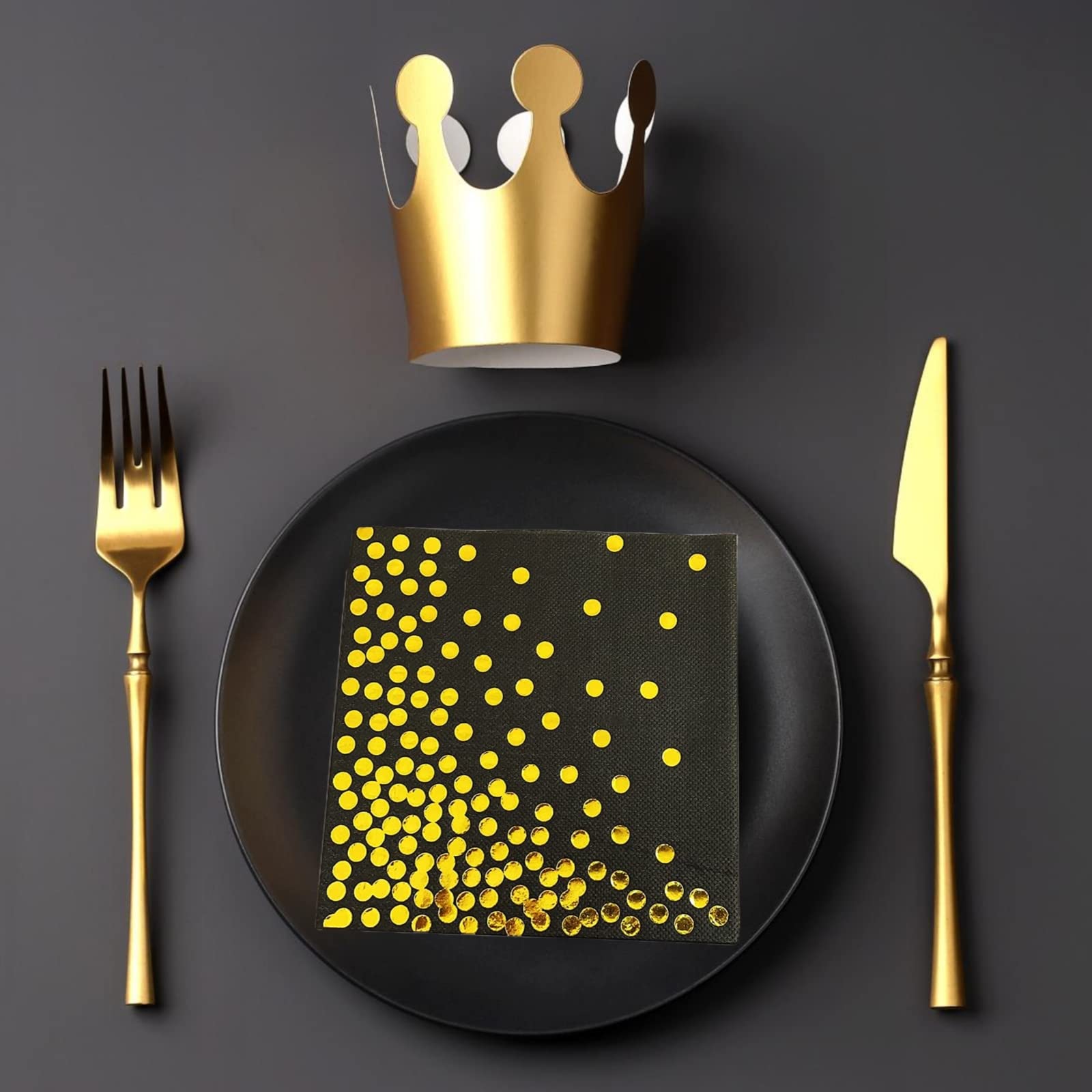 100 Serviettes De Table Noires Et Dorées 12,7x12,7 Cm - Jetables 3 Pli Pour Fête