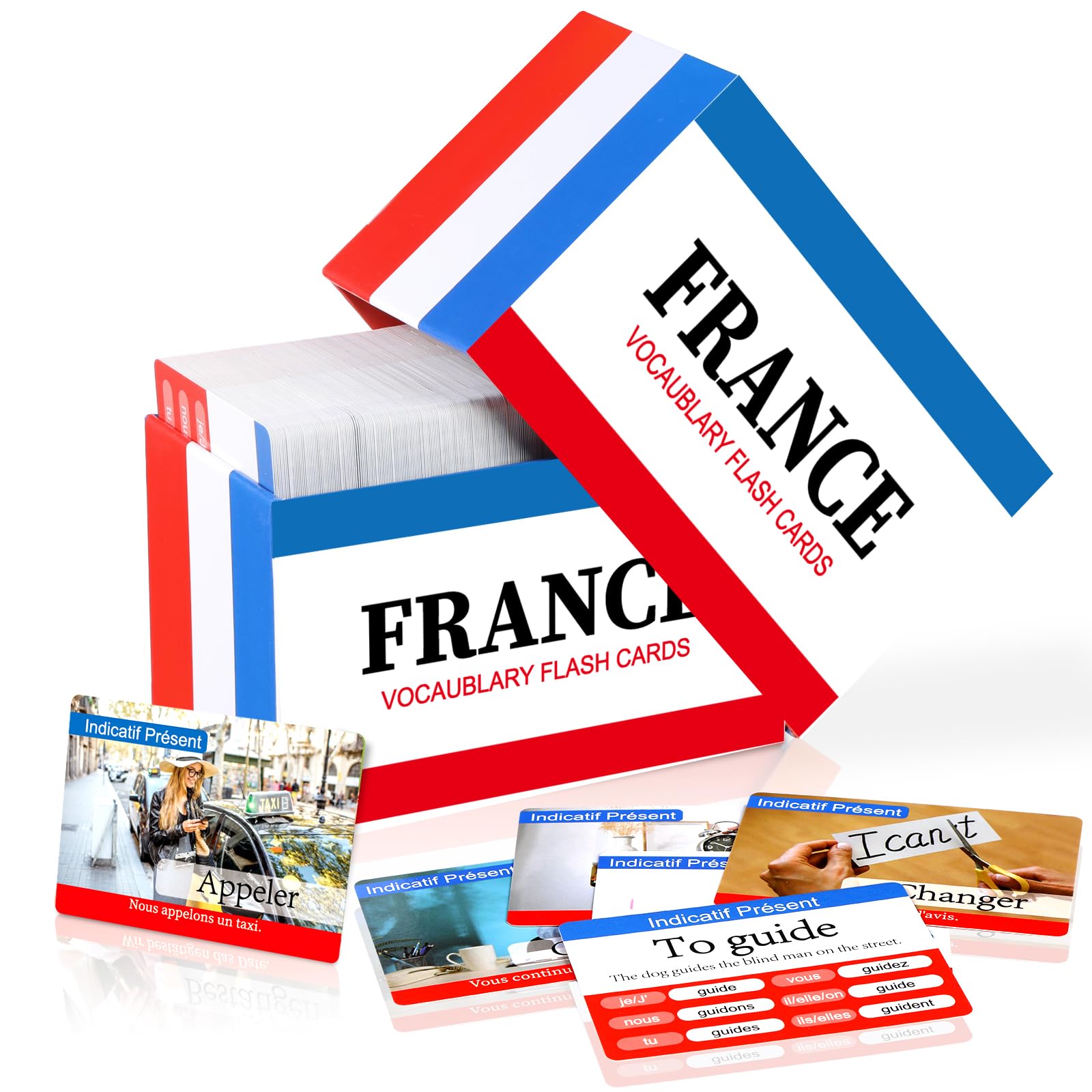 gisgfim 300 Pcs French Vocabulary Flash Cards Beginner Vocab with Pictures French Verb Conjugation Present Tense Memory & Sight Words Essential Translations Learn Language Cards in A Fun & Easy Way — image 1