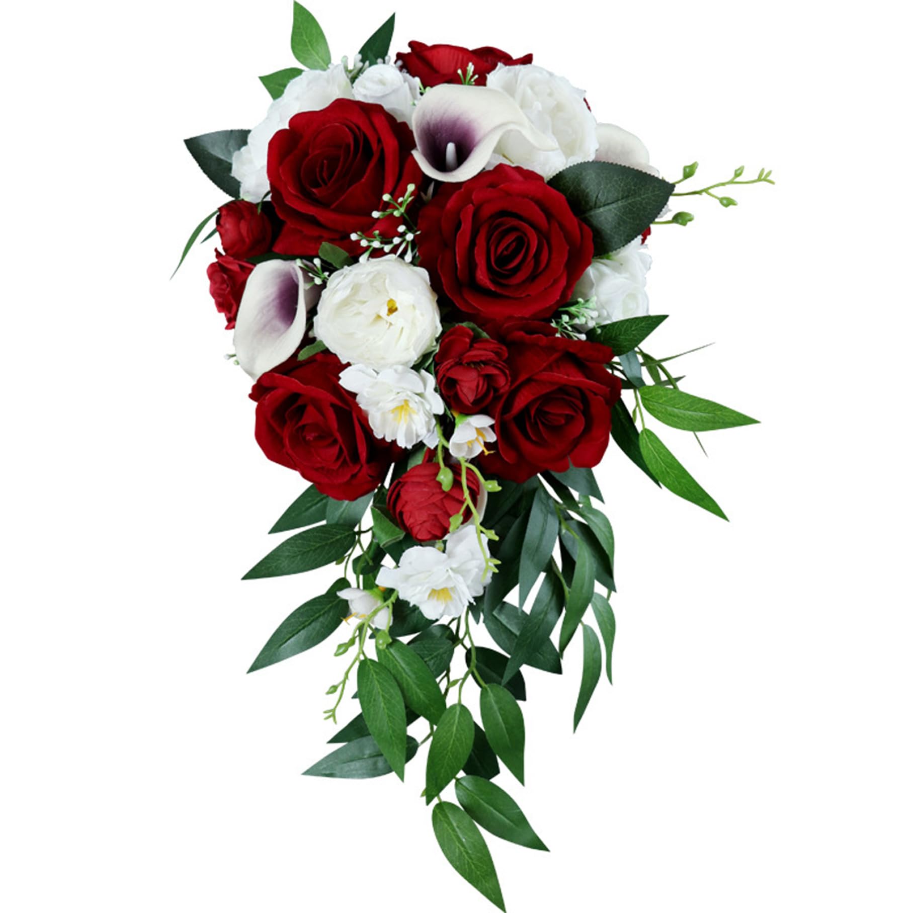 Ngbbby Red Wedding Bouquets For Bride White Wine Calla Lily Rose Artificial Rustic Waterfall Cascading