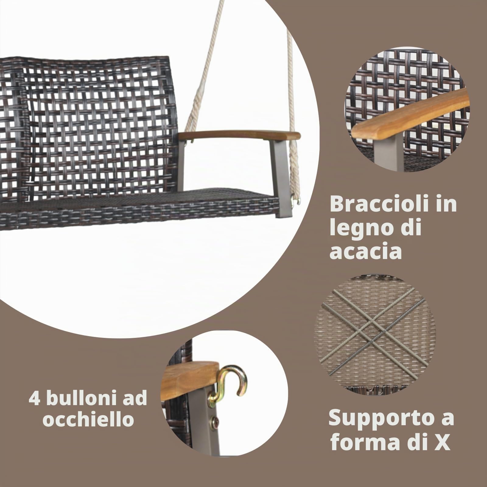 LIFEZEAL Altalena Sospeso con 2 Posti da Giardino, Dondolo Doppia in Rattan PE con Corde da Patio, Altalena per 2 Persone da Esterno con Schienale Curvo e Braccioli in Legno, Capacità di Carico 360 kg