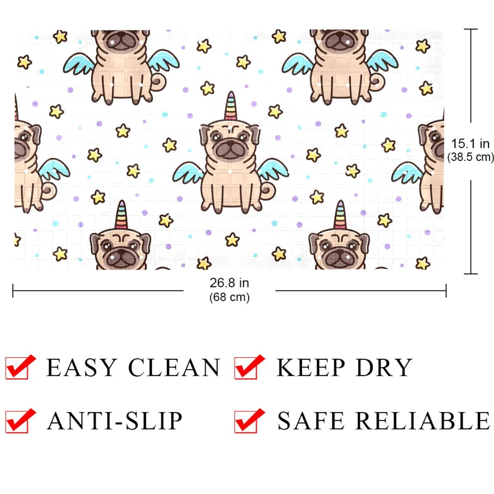 Rutschfeste Badematten mit niedlichem Mops-Motiv, Einhorn-Motiv, Sterne, Flügel, für Badezimmer, rechteckige Badewanne, maschinenwaschbar, 40 x 70 cm