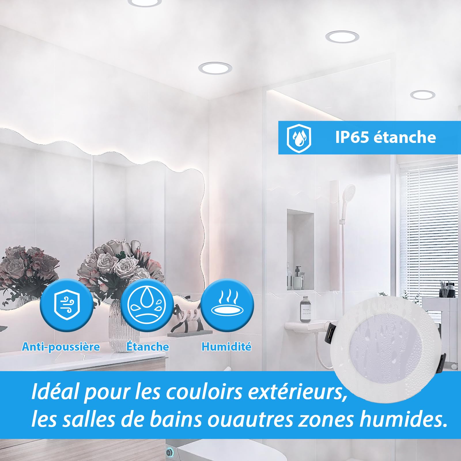 7W Spots LED Encastrables 220V, Spot Salle de Bain IP65, Ultramince 25 mm, 630LM, Blanc Froid 6000K, Trous Ø95-110mm, Spot LED Plafond Rond pour Cuisine, Salon, Chambre, Lot de 6