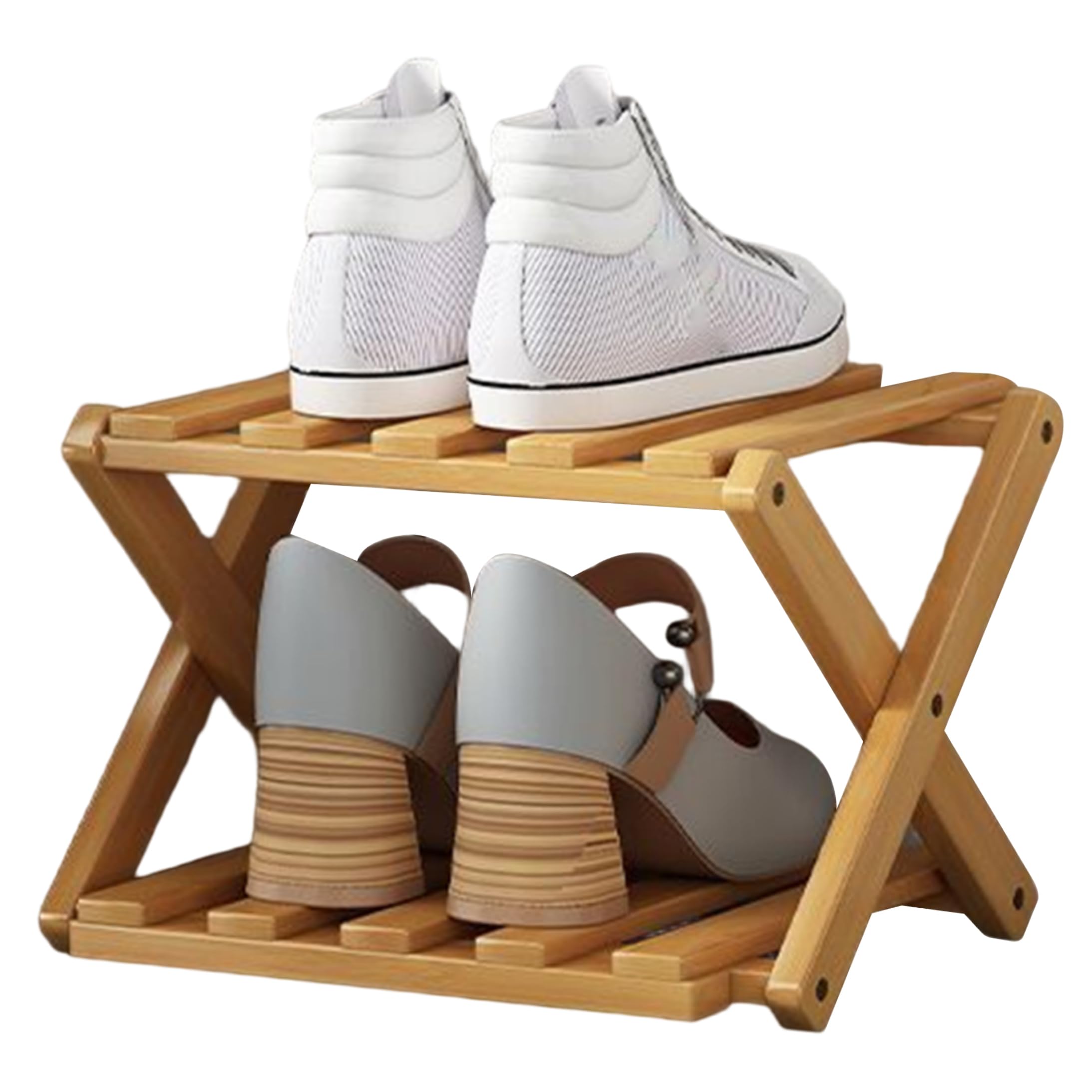 Uanqfegy Bamboo Shoe Rack, 2 Tier Foldable Shoe Rack Extendable, Skinny Narrow Organizer for Entryway Closet, Khaki