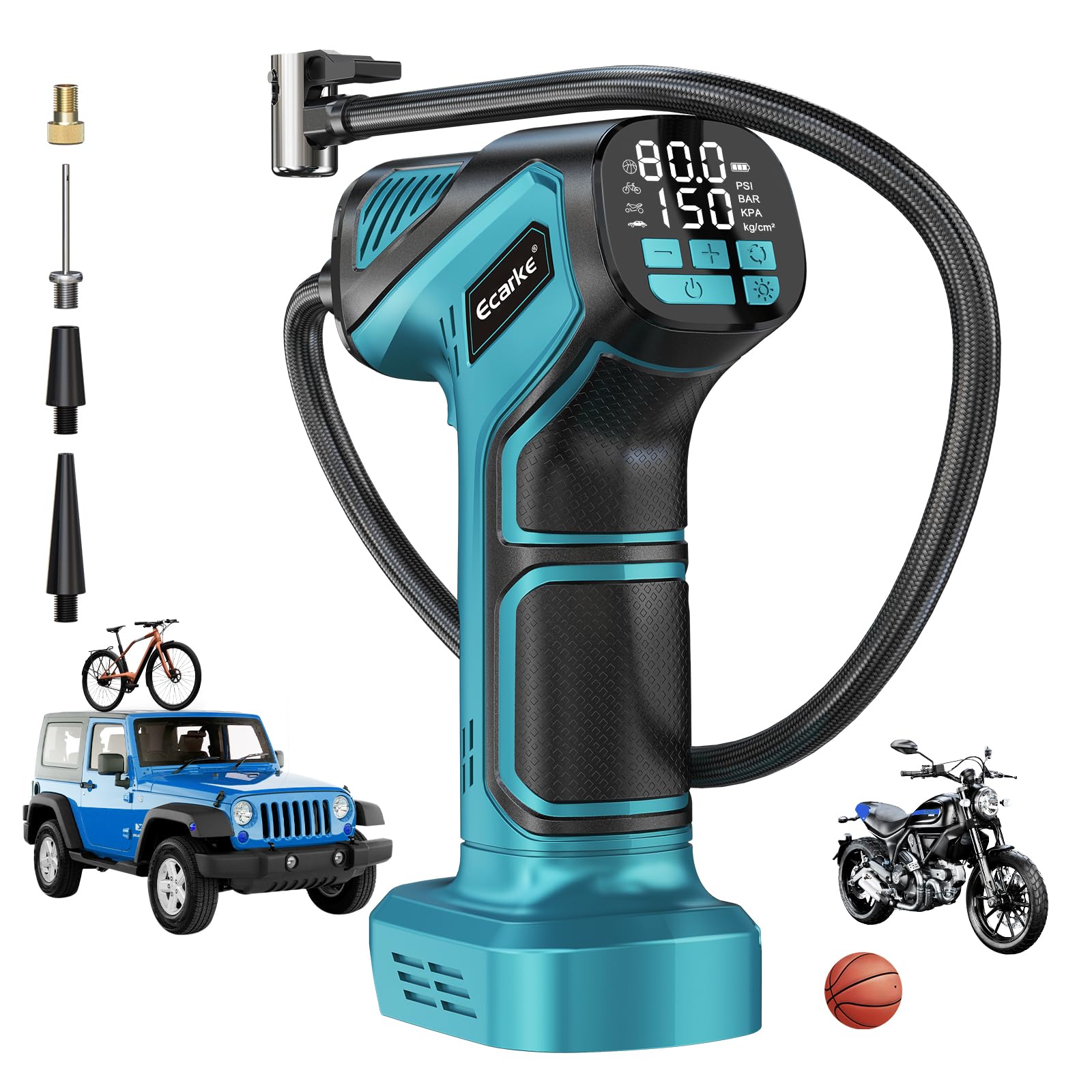 Ecarke Cordless Tyre Inflator: Air Compressor for Ma-Kita 18V Battery, Max 10 Bar- Portable Electric Air Pump with Digital Pressure Gauge for Car, Motorcycle, Bike, Sports Ball etc(Tool Only)