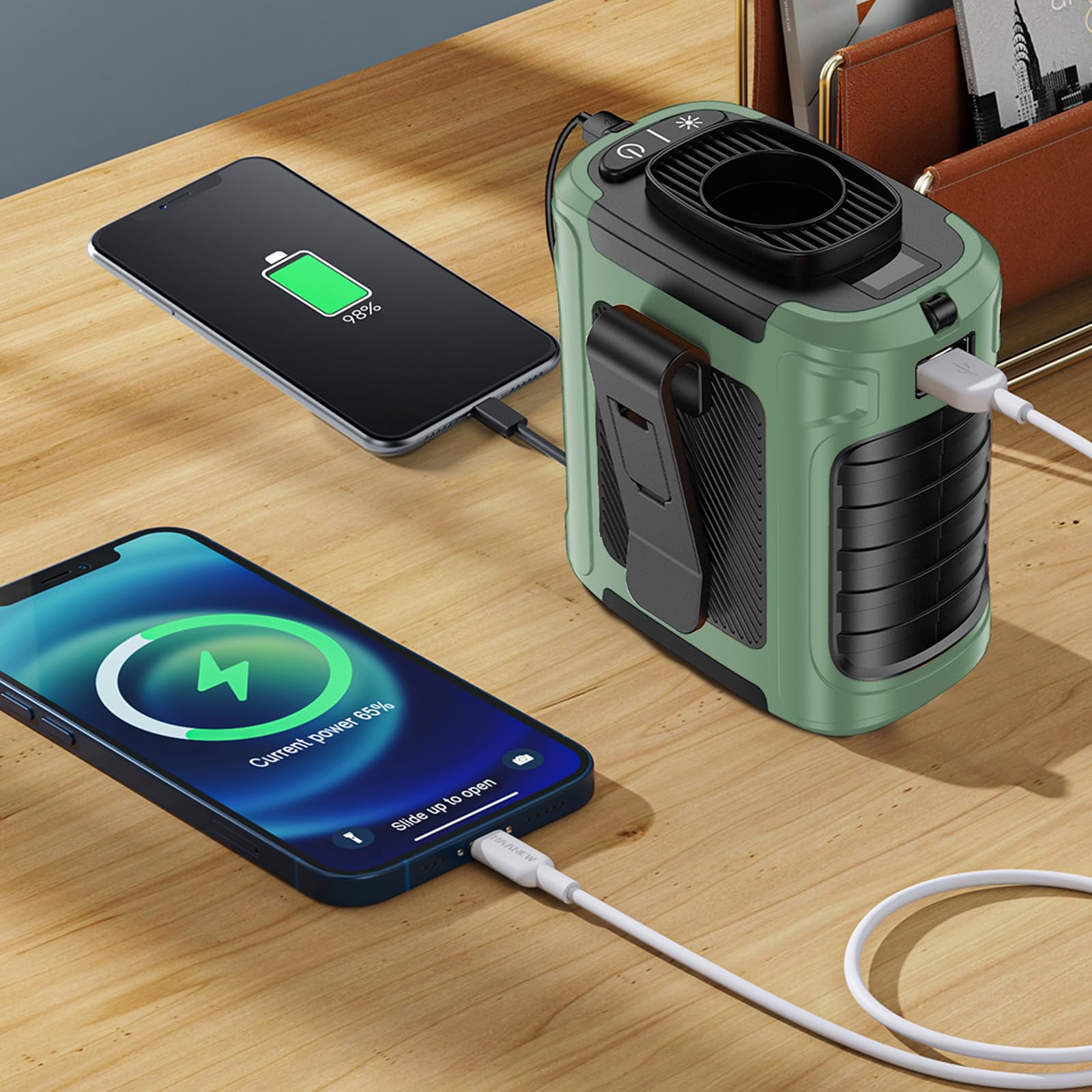 Gemmac Przenośny wentylator do użytku na zewnątrz, wentylator USB z wentylatorem Clip, przenośny mini wentylator z 5 poziomami i oświetleniem, do uprawiania sportu na świeżym powietrzu, na kemping