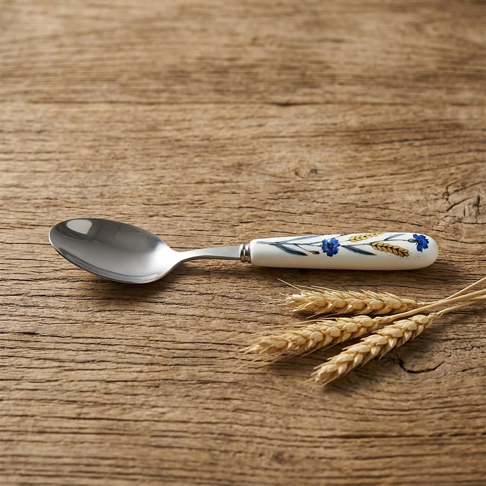 Cuchara de postre de acero inoxidable 18-10 de alta calidad, SUS304, 6.5 pulgadas, 16.5 cm, con mango de cerámica de flor azul de trigo pintado a mano, para el hogar, cocina, restaurante, fiesta (8