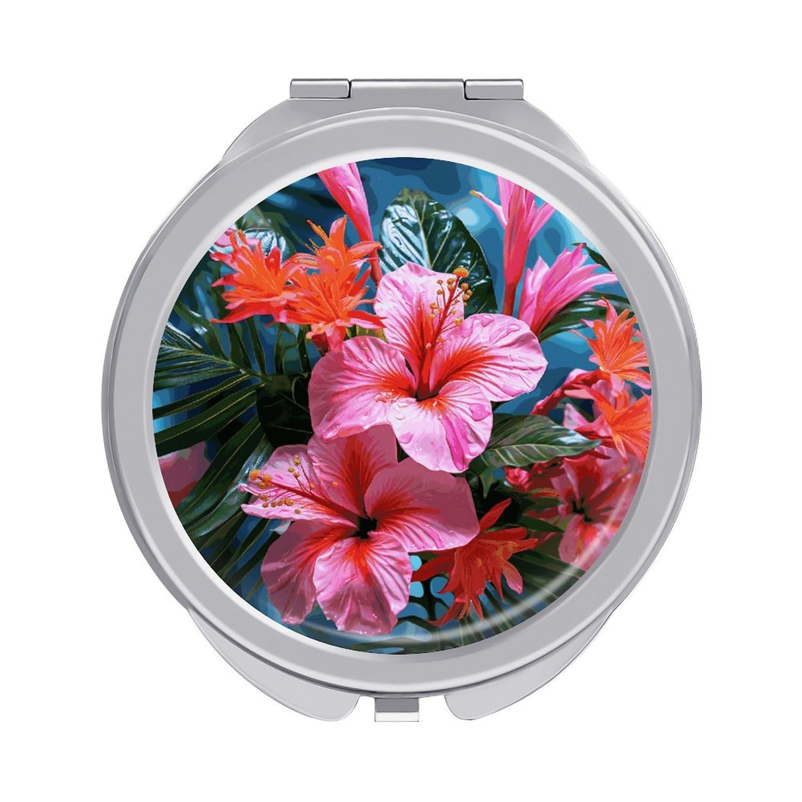 FekiLoot Pink Flower Tropical Plant Makeup Mirror Compact Round Travel Makeup Mirror Portable Folding Handheld Pocket Mirrors for Handbag and Purses Gift Mini Mirrors